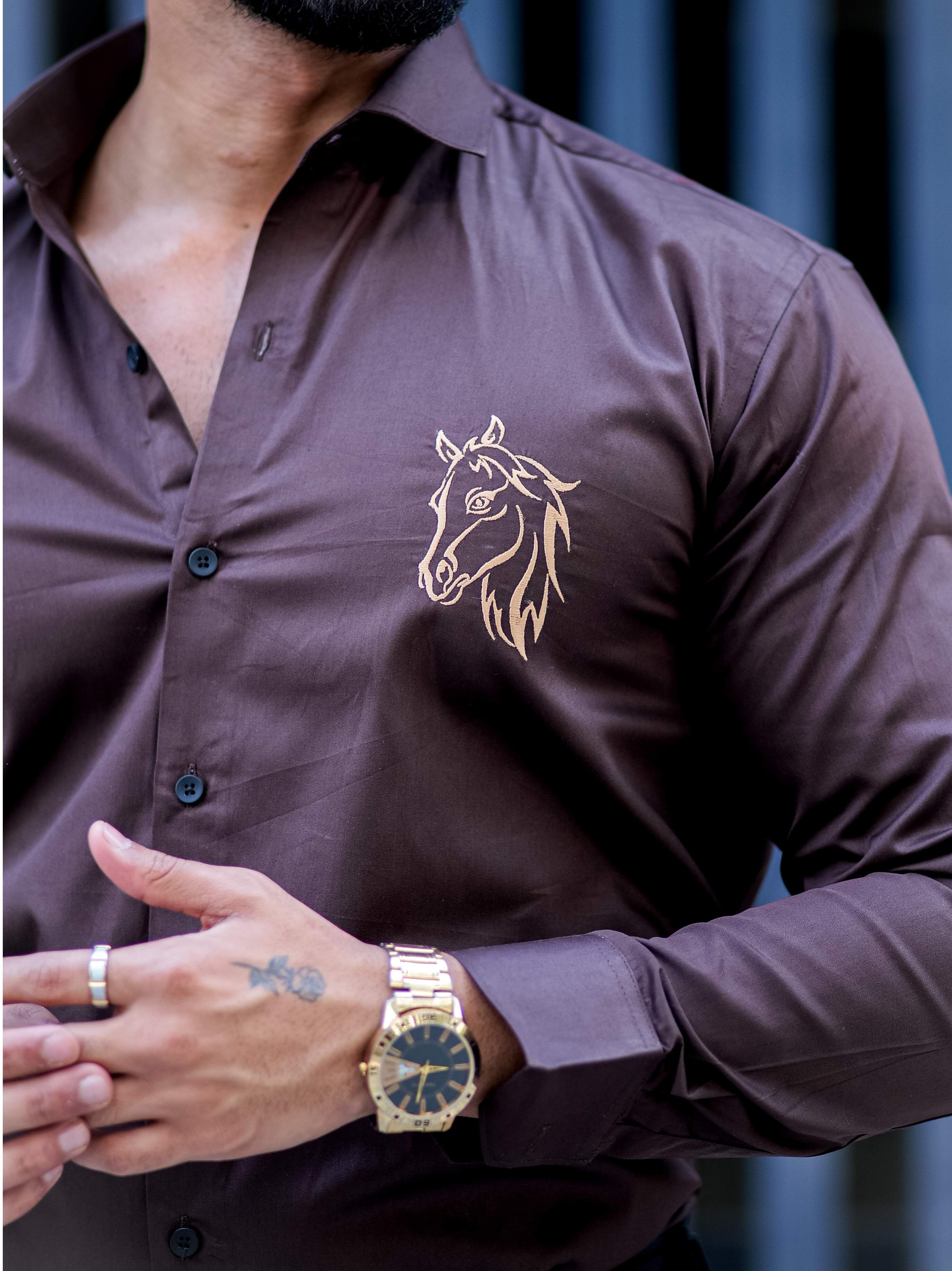 Horse Embroidered Brown Premium Cotton Shirt For Men – The Foomer