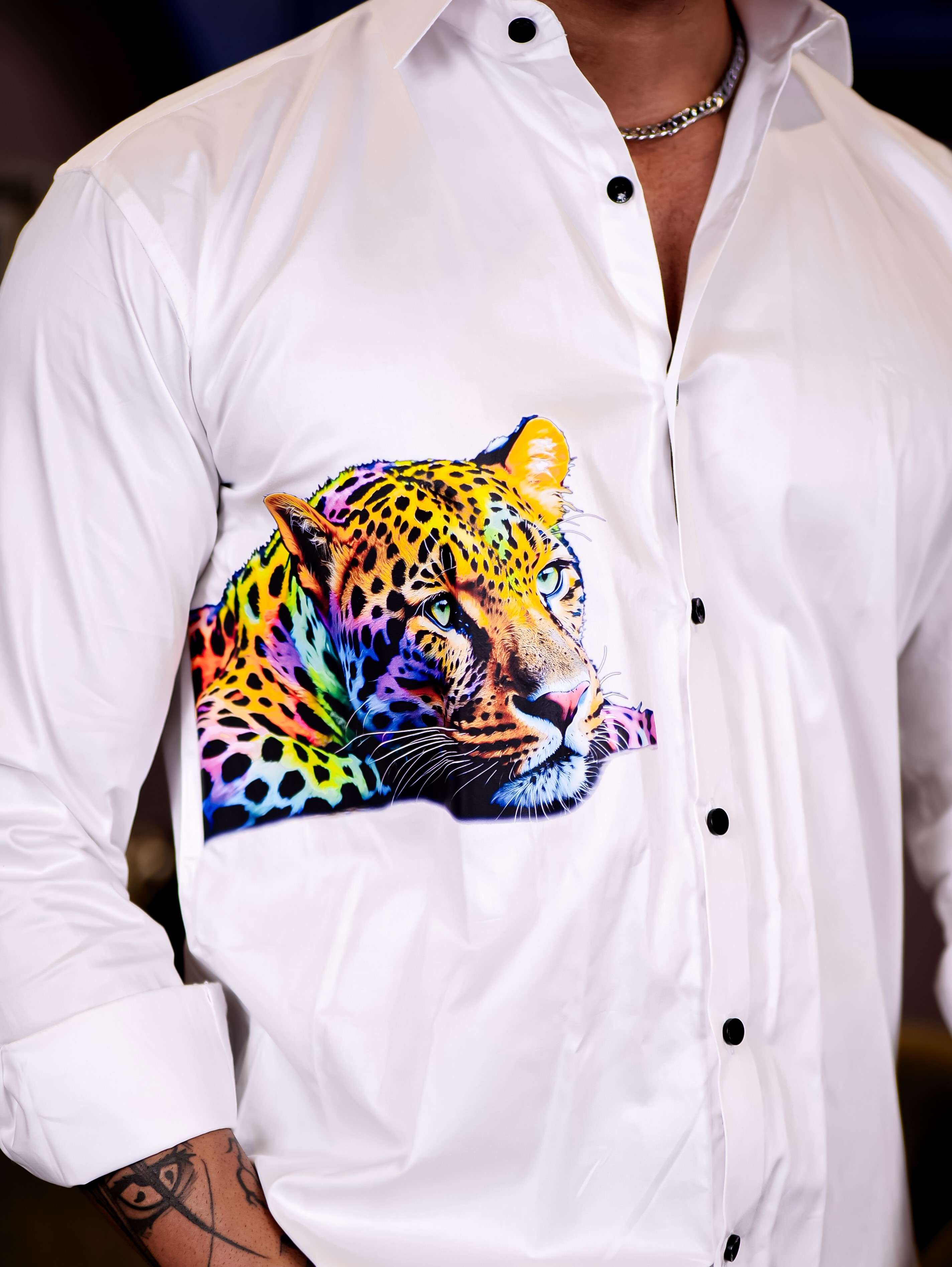 White Club Wear Cheetah Printed Satin Cotton Shirt