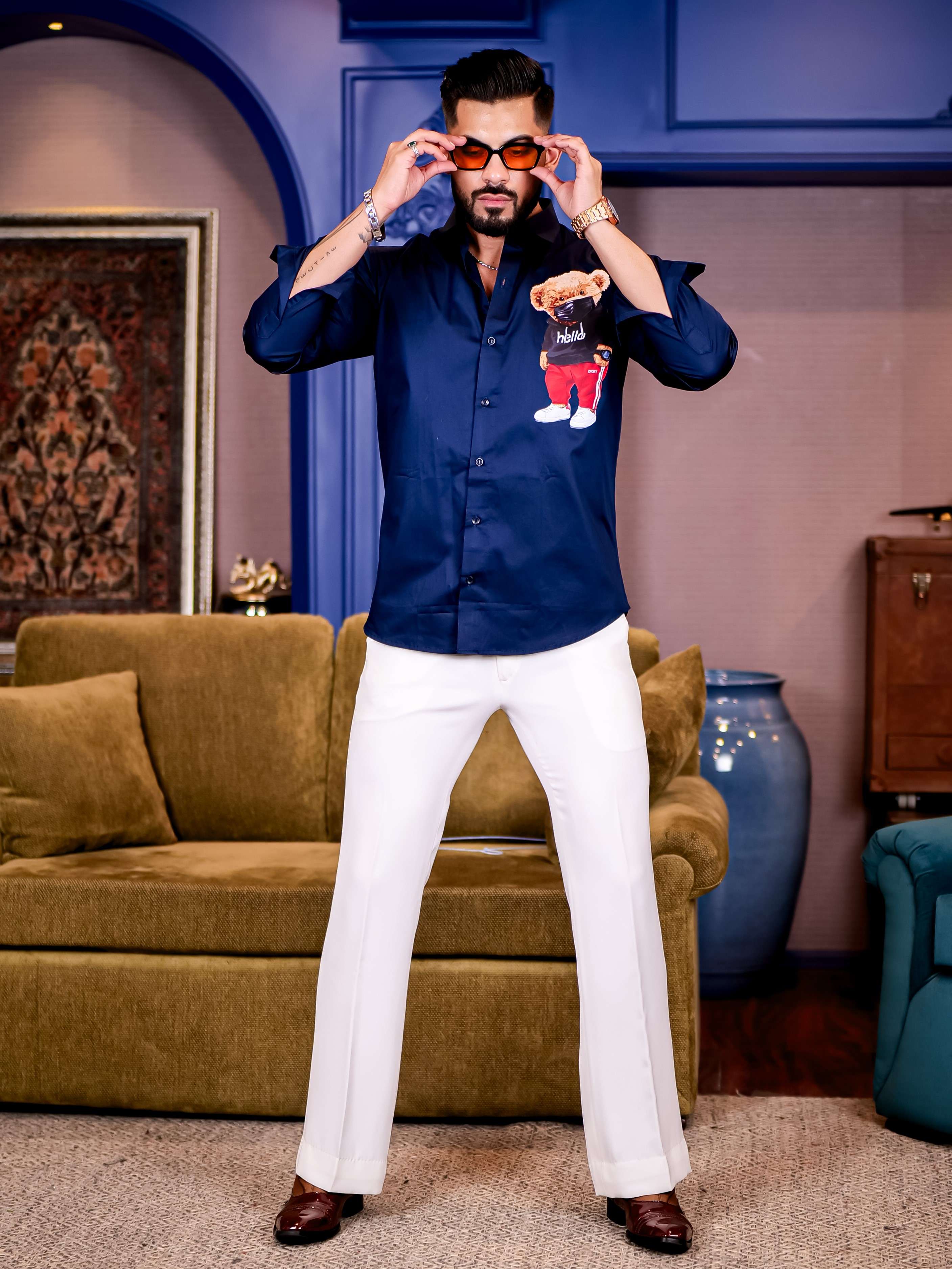 Navy Club Wear Hello Cartoon Printed Satin Cotton Shirt