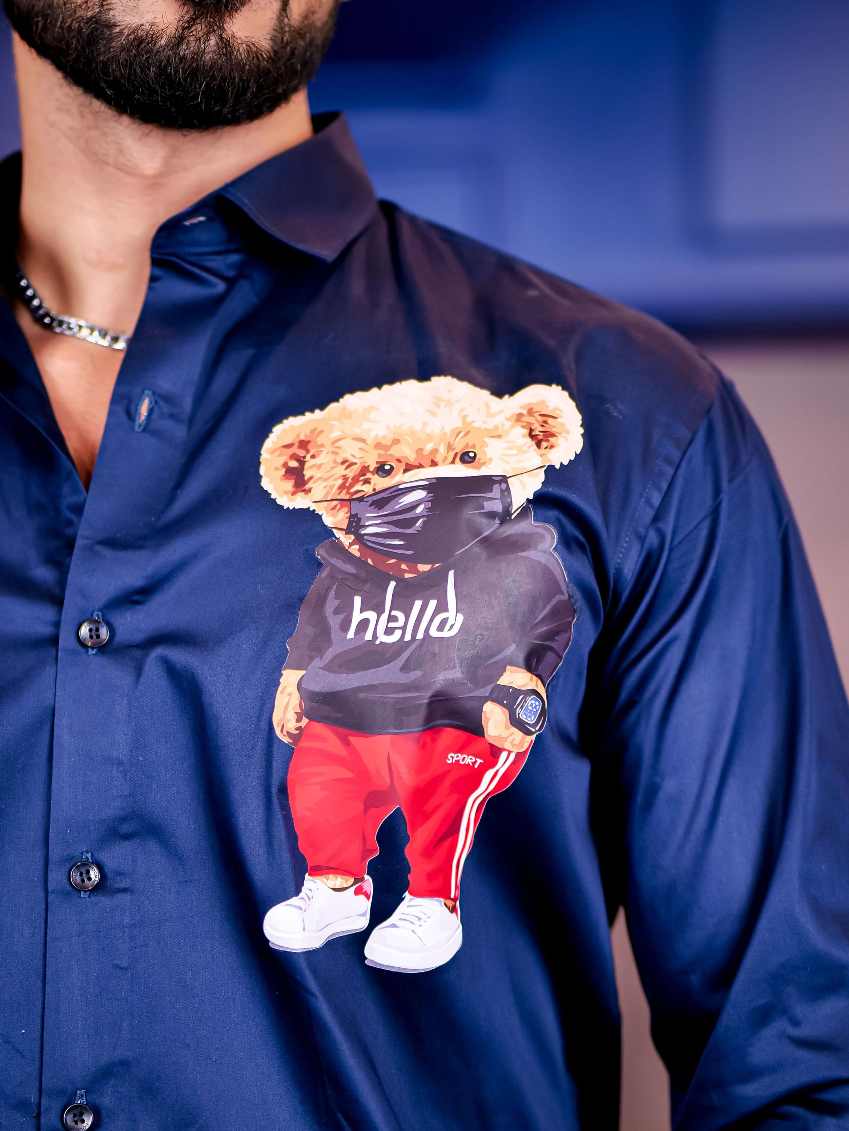 Navy Club Wear Hello Cartoon Printed Satin Cotton Shirt