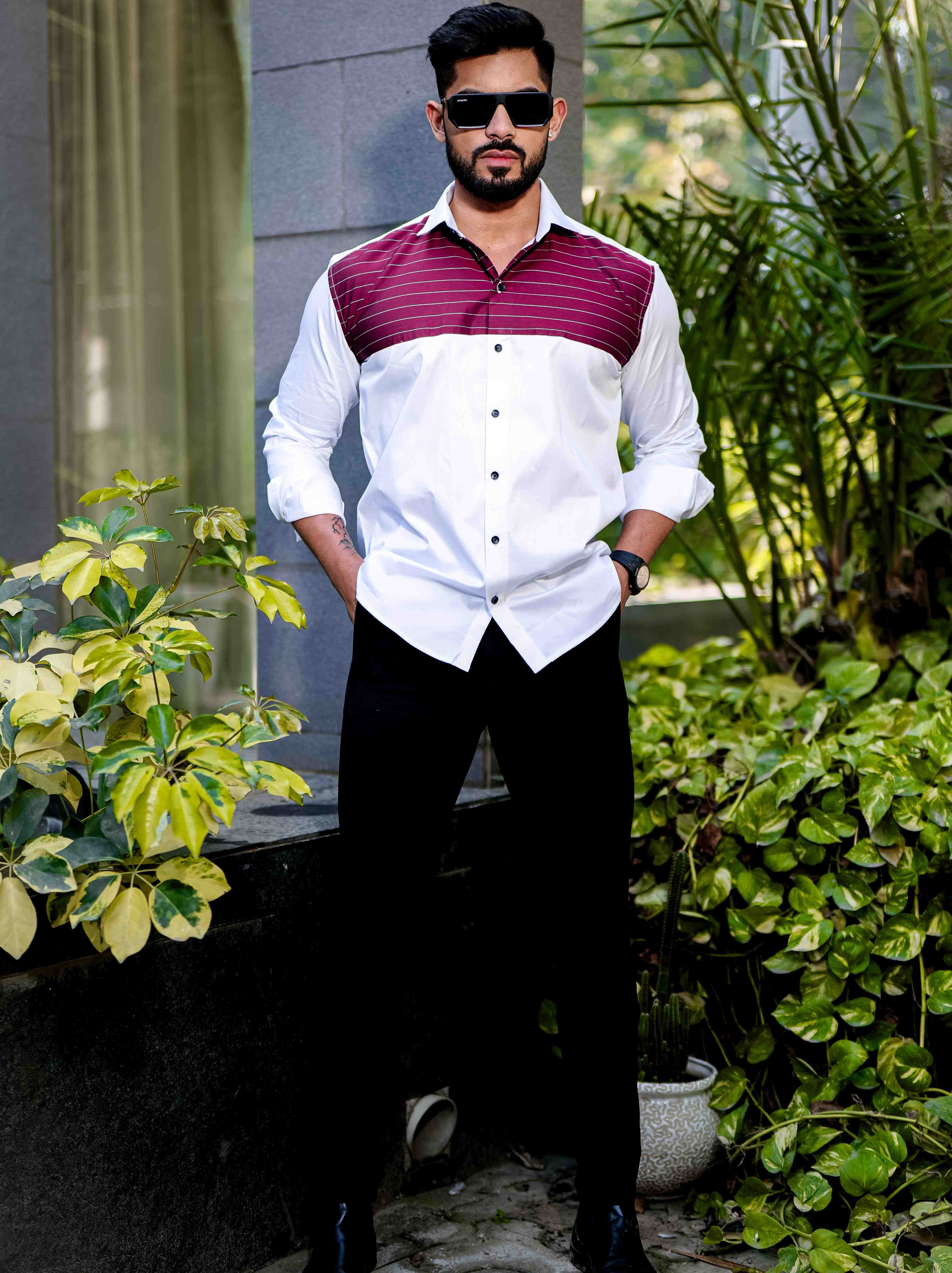 White And Maroon Satin Cotton Cut N Sew Designer Shirt