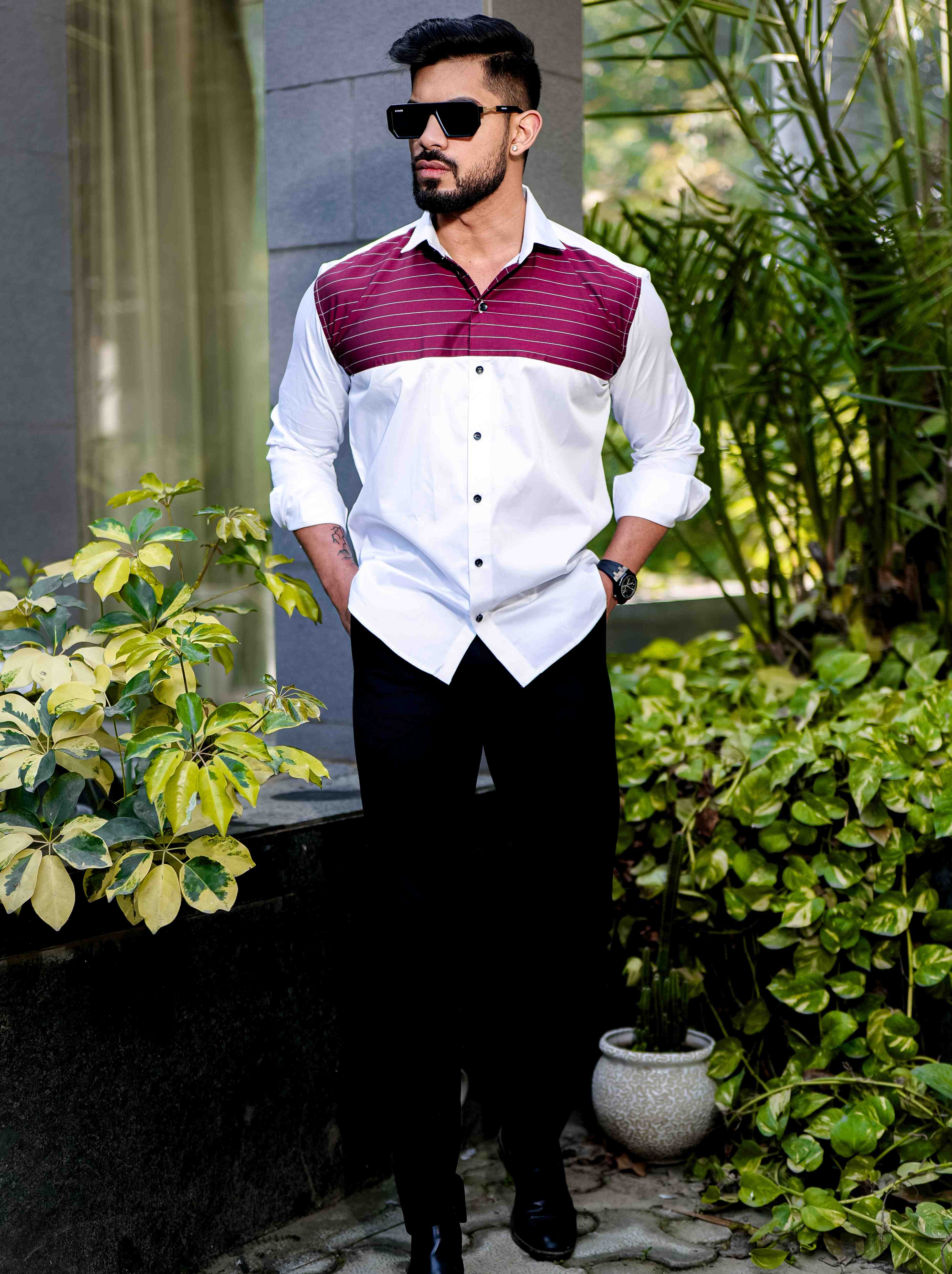 White And Maroon Satin Cotton Cut N Sew Designer Shirt