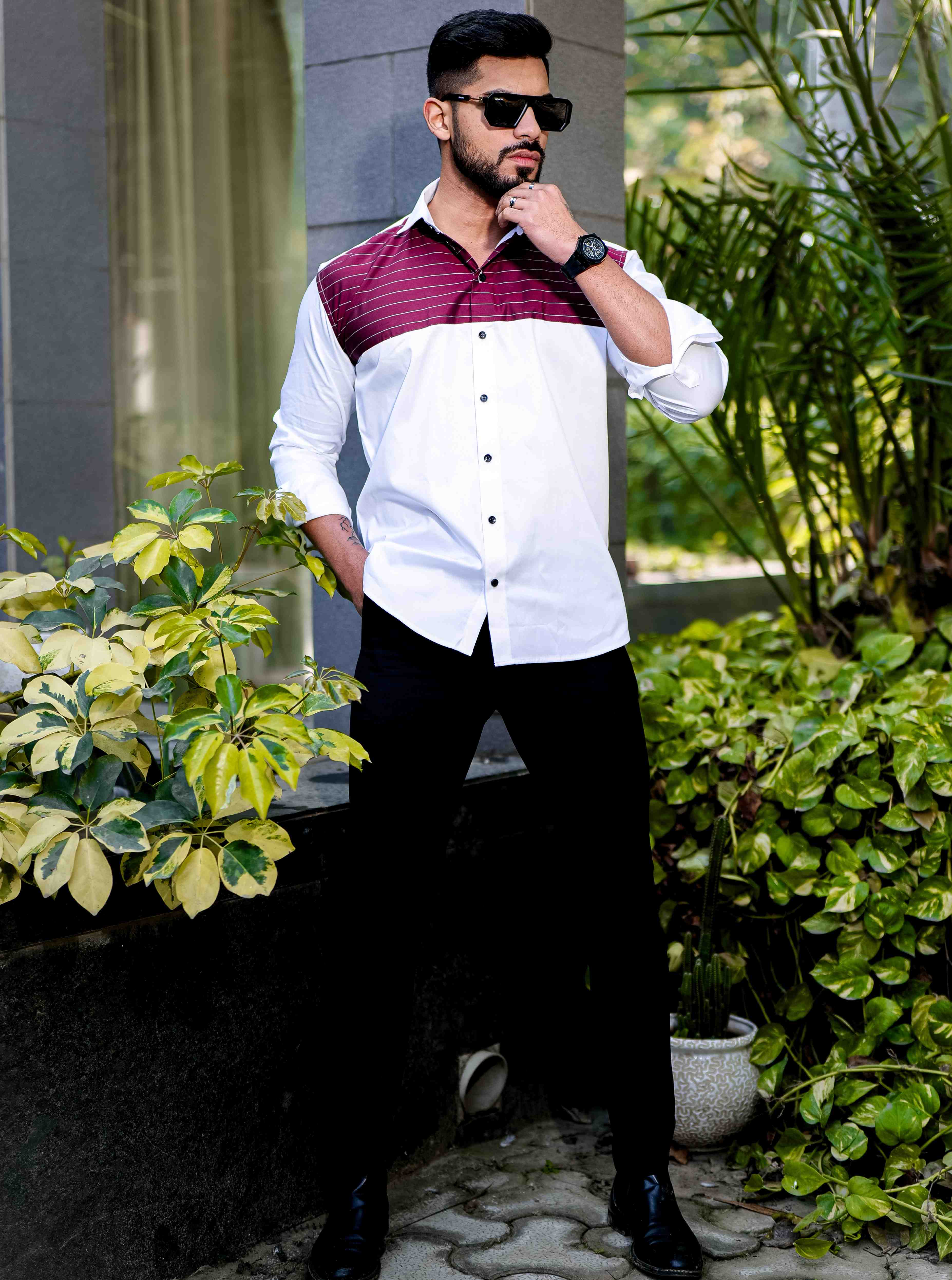 White And Maroon Satin Cotton Cut N Sew Designer Shirt