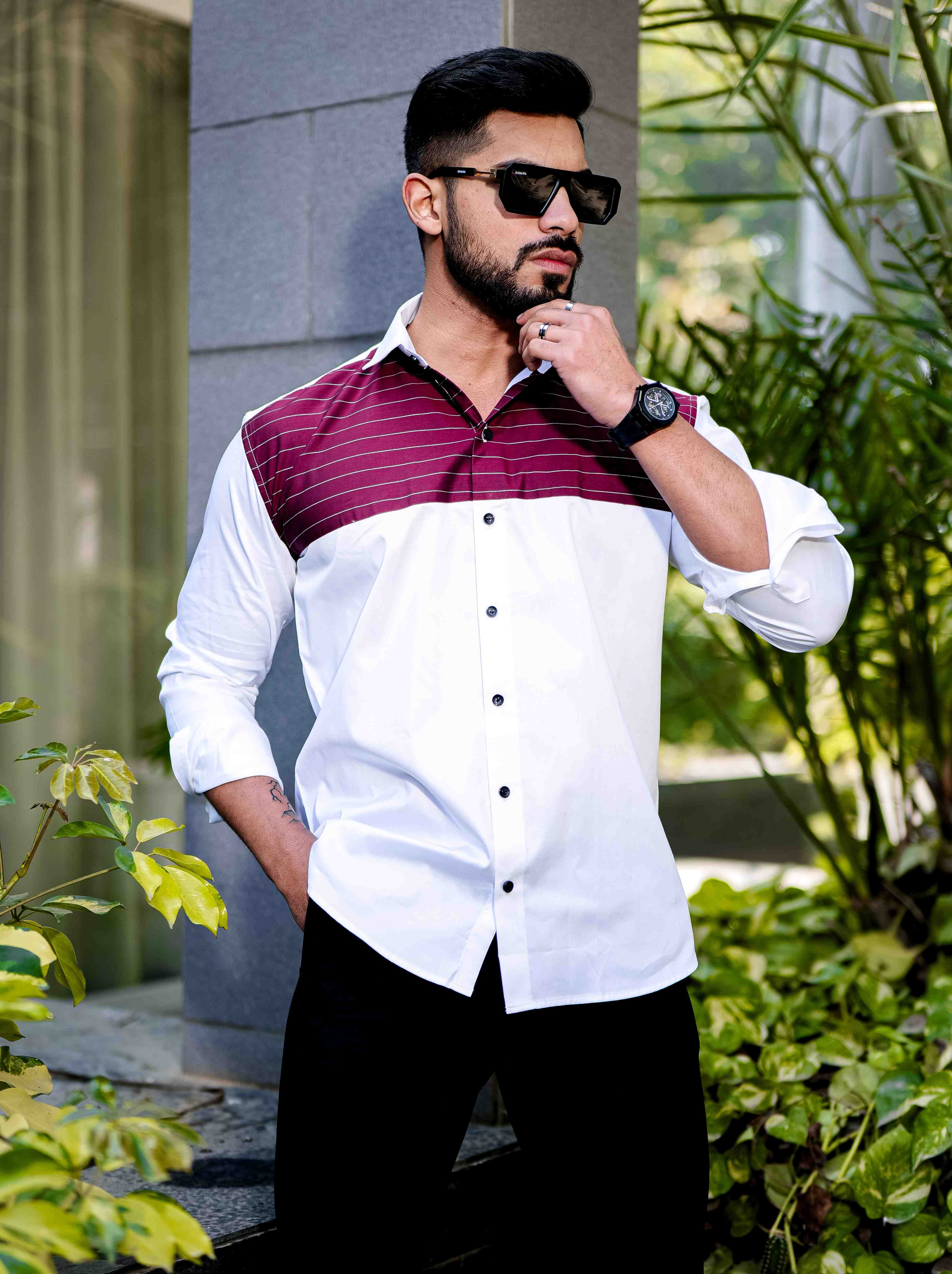 White And Maroon Satin Cotton Cut N Sew Designer Shirt