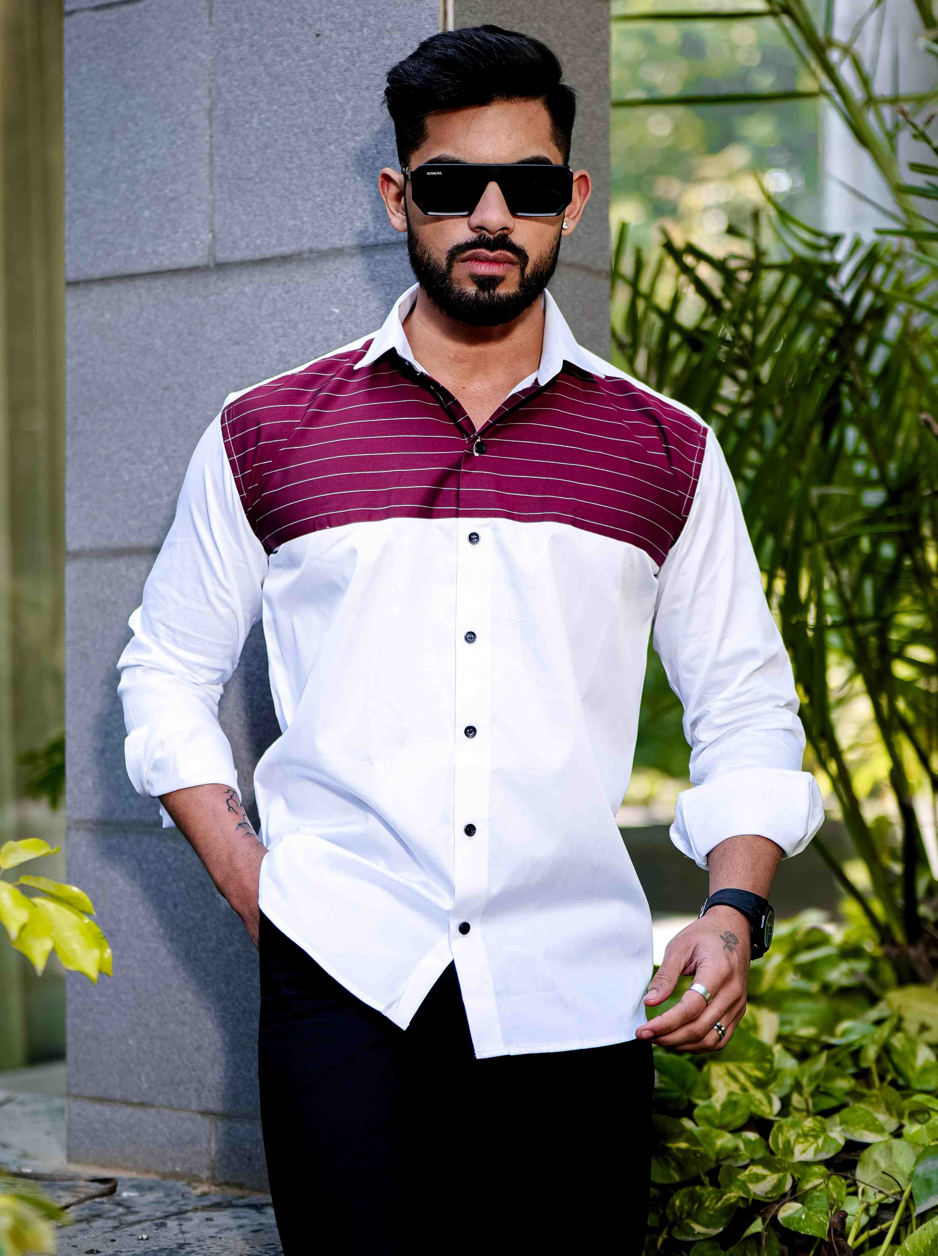 White And Maroon Satin Cotton Cut N Sew Designer Shirt