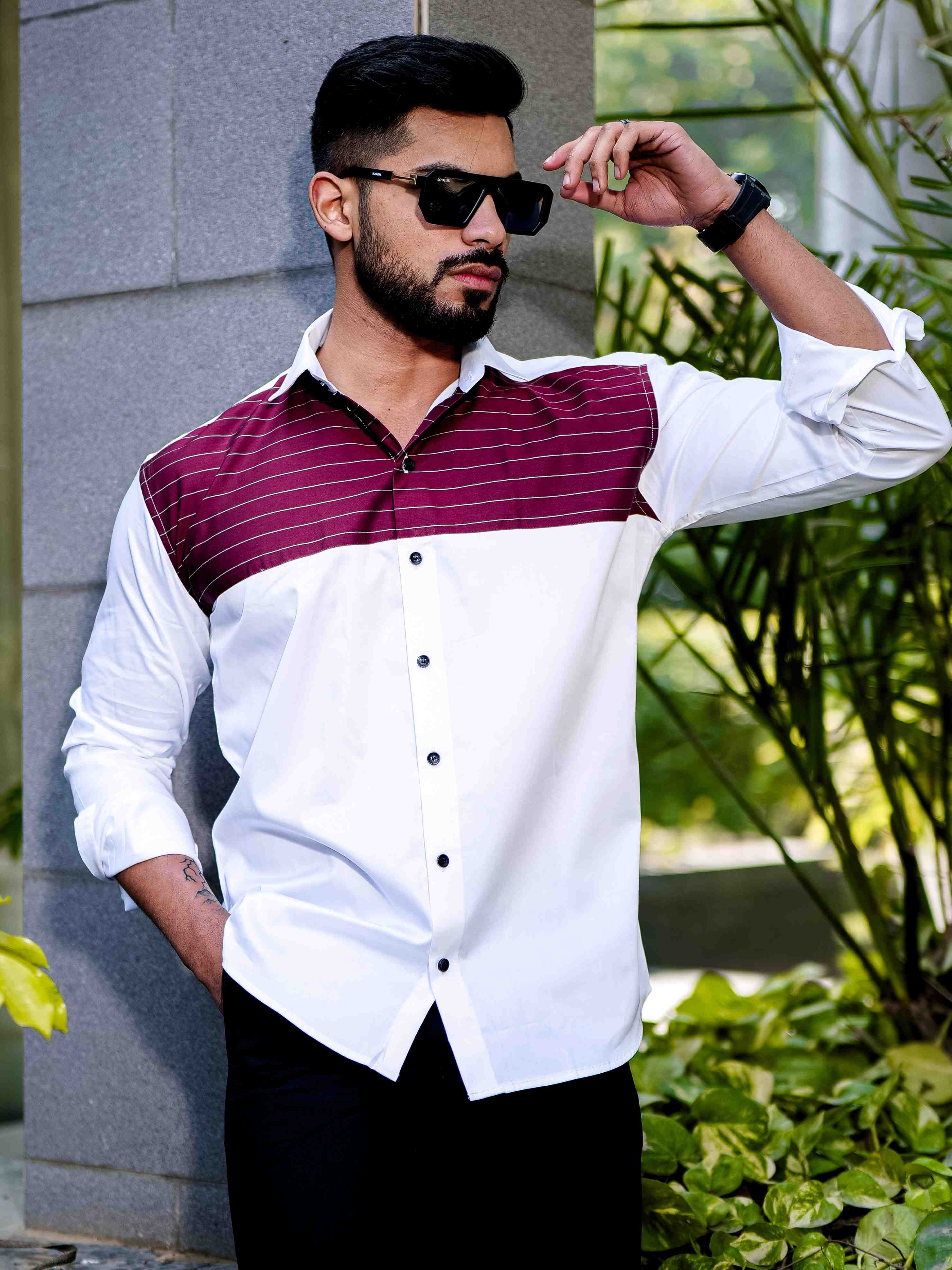 White And Maroon Satin Cotton Cut N Sew Designer Shirt