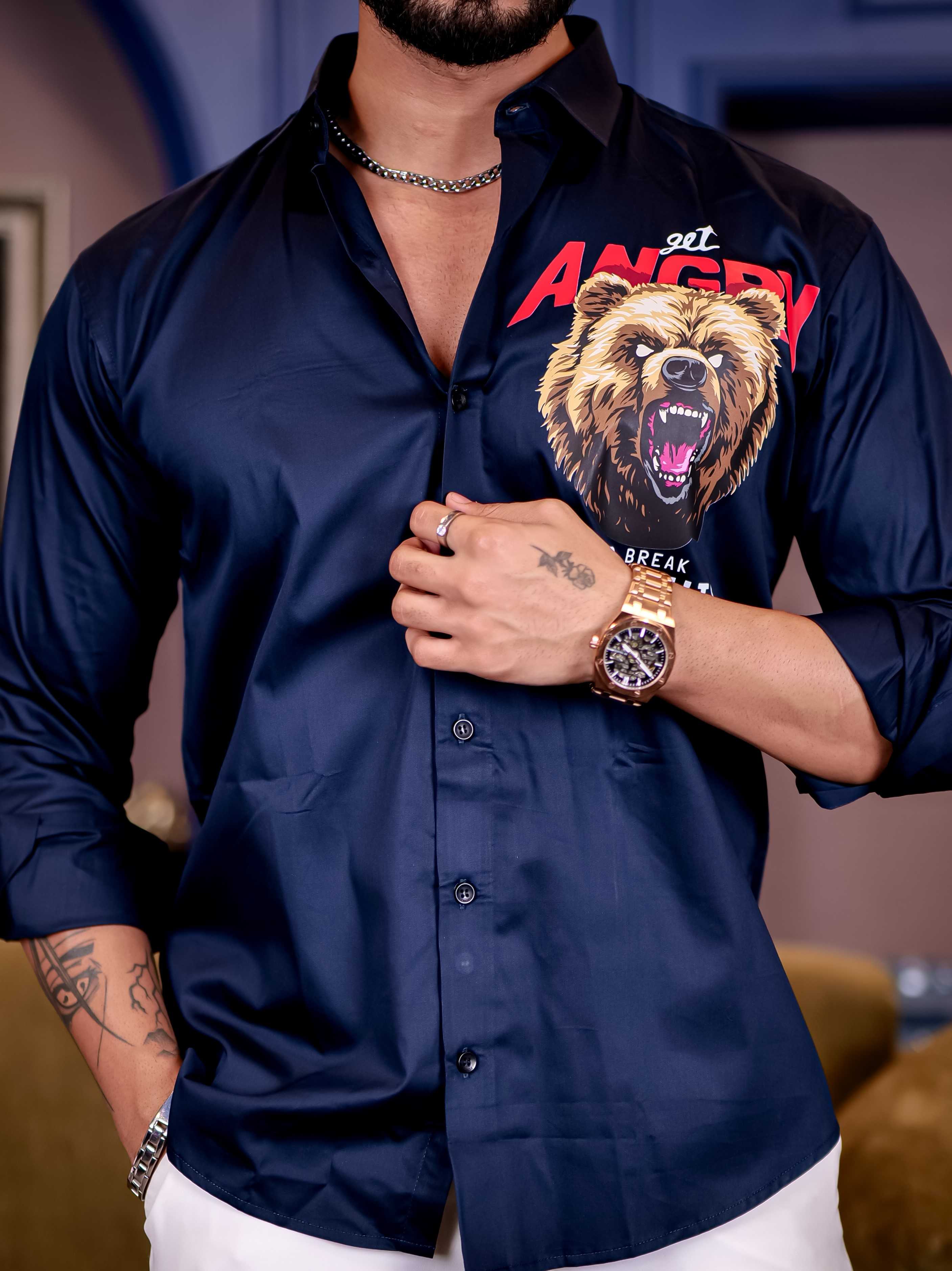 Navy Club Wear Angry bear Cartoon Printed Satin Cotton Shirt