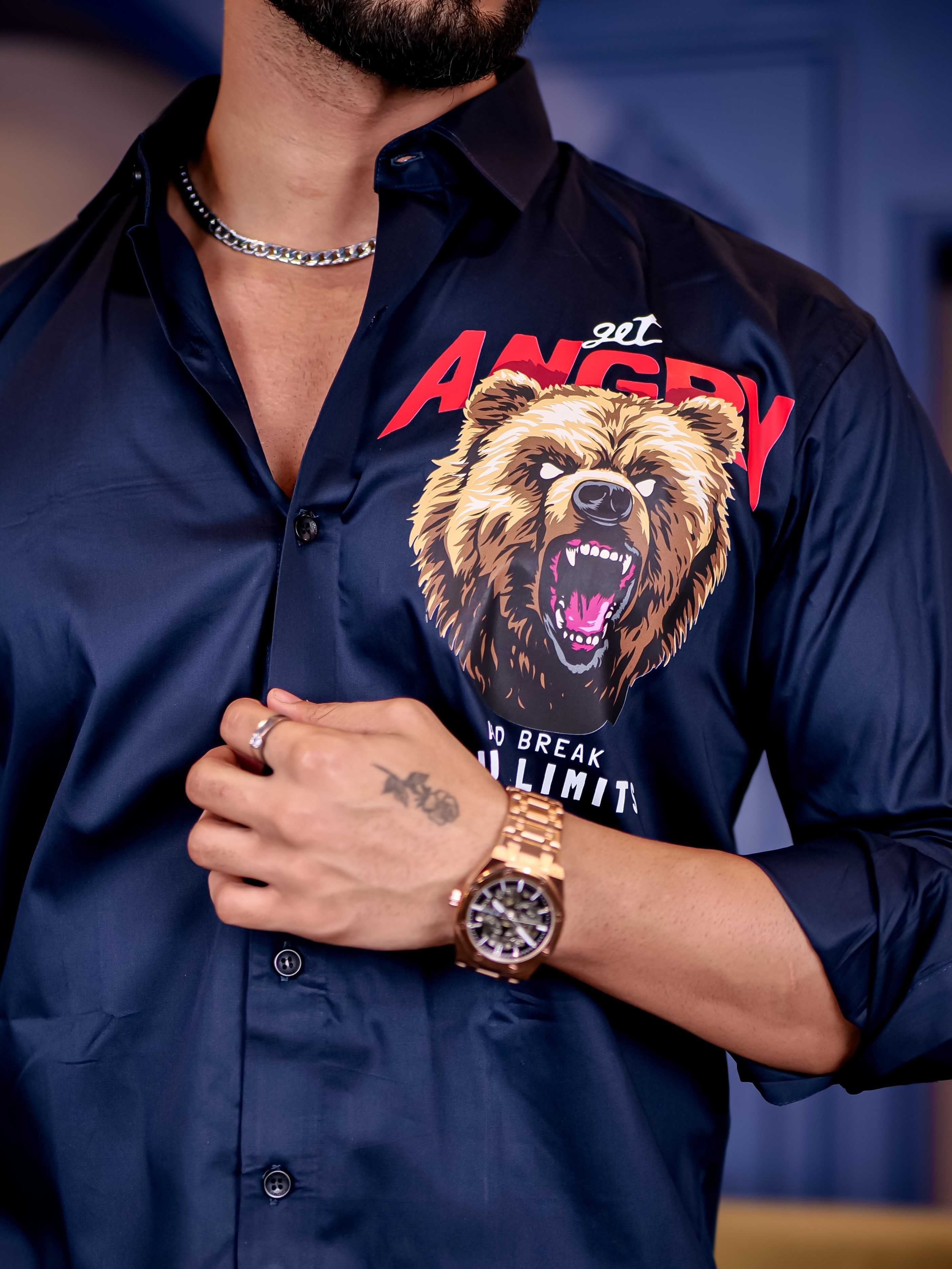 Navy Club Wear Angry bear Cartoon Printed Satin Cotton Shirt