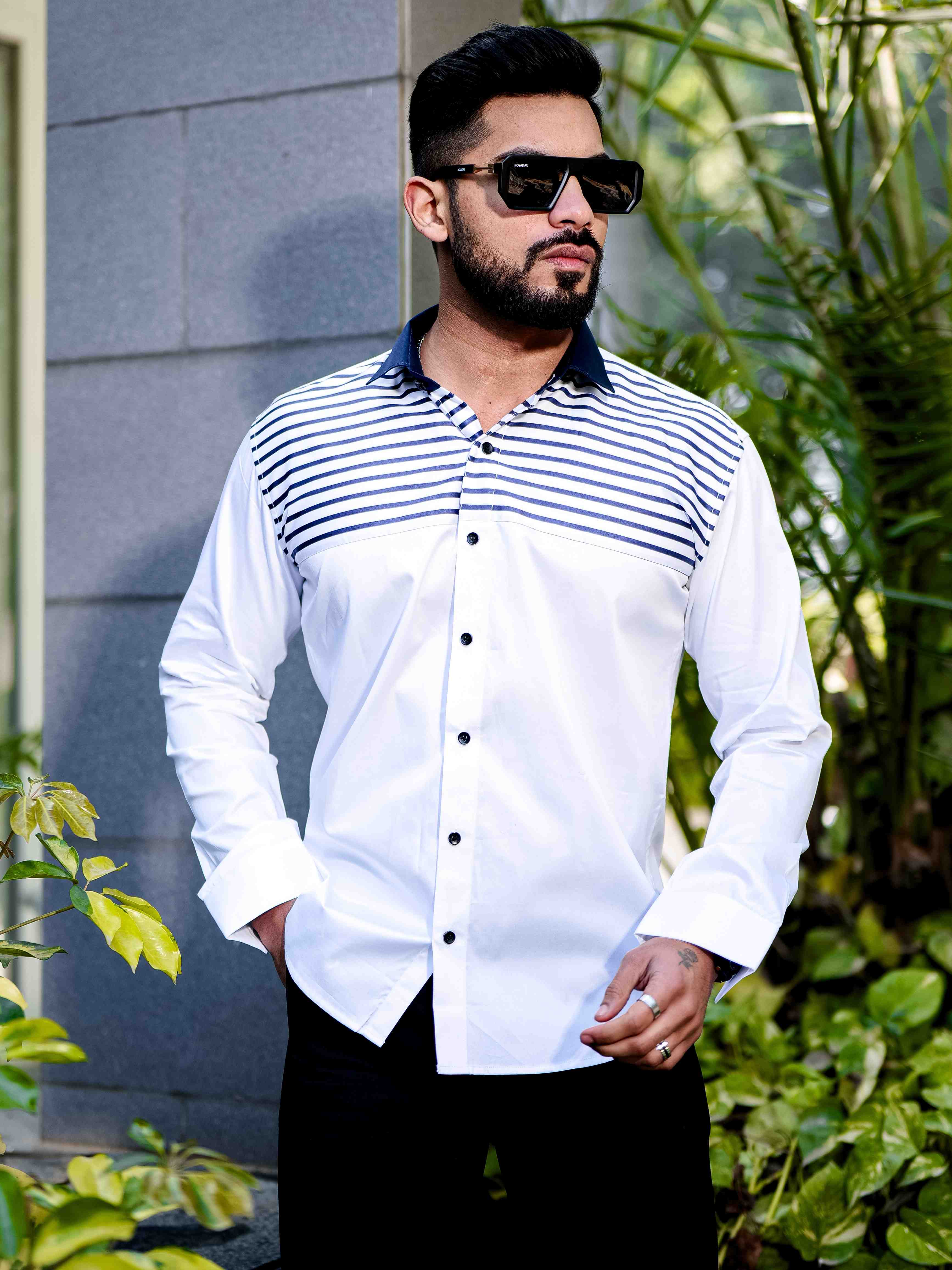 Blue Satin Cotton Cut N Sew Designer Shirt