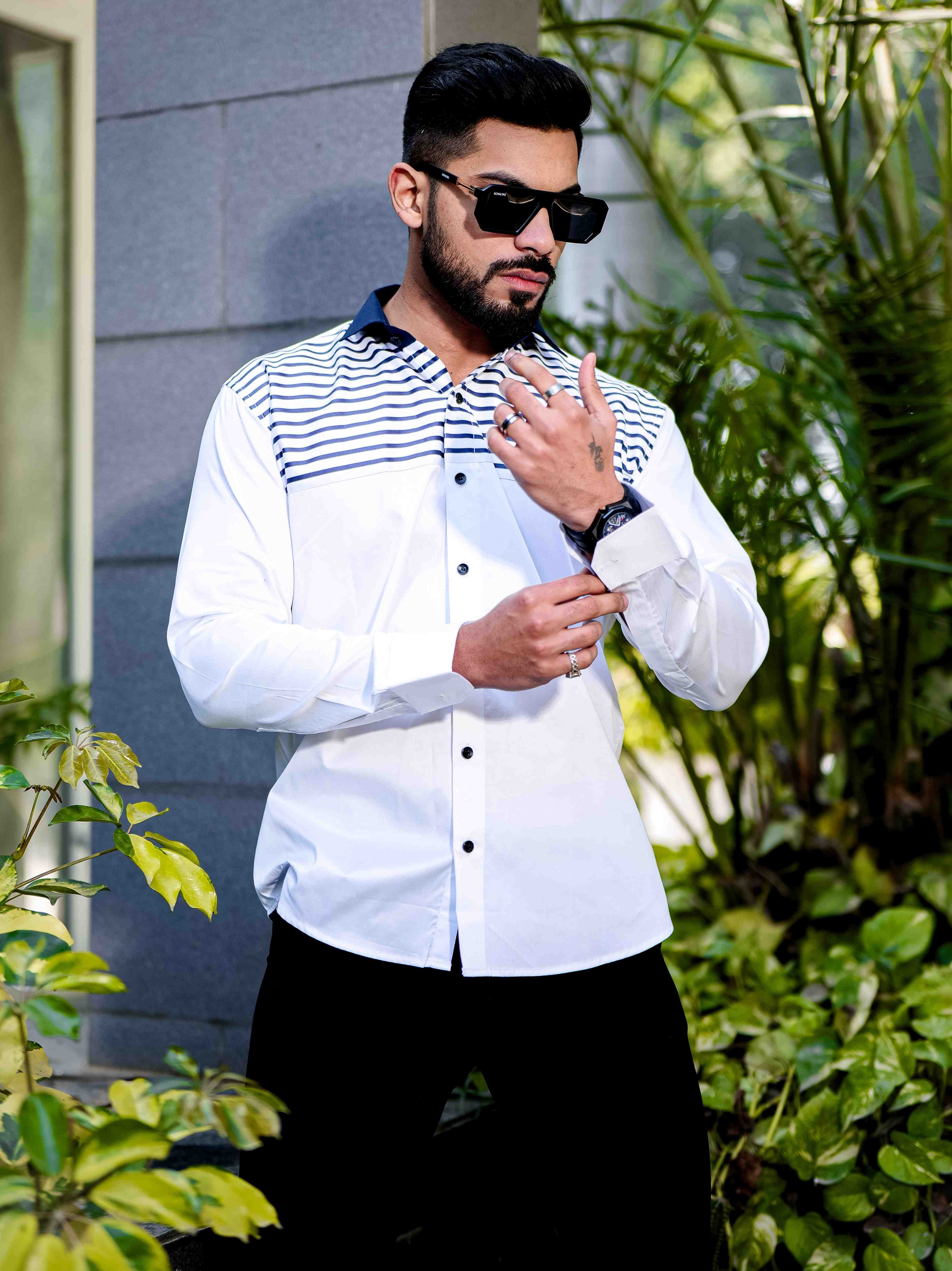 Blue Satin Cotton Cut N Sew Designer Shirt