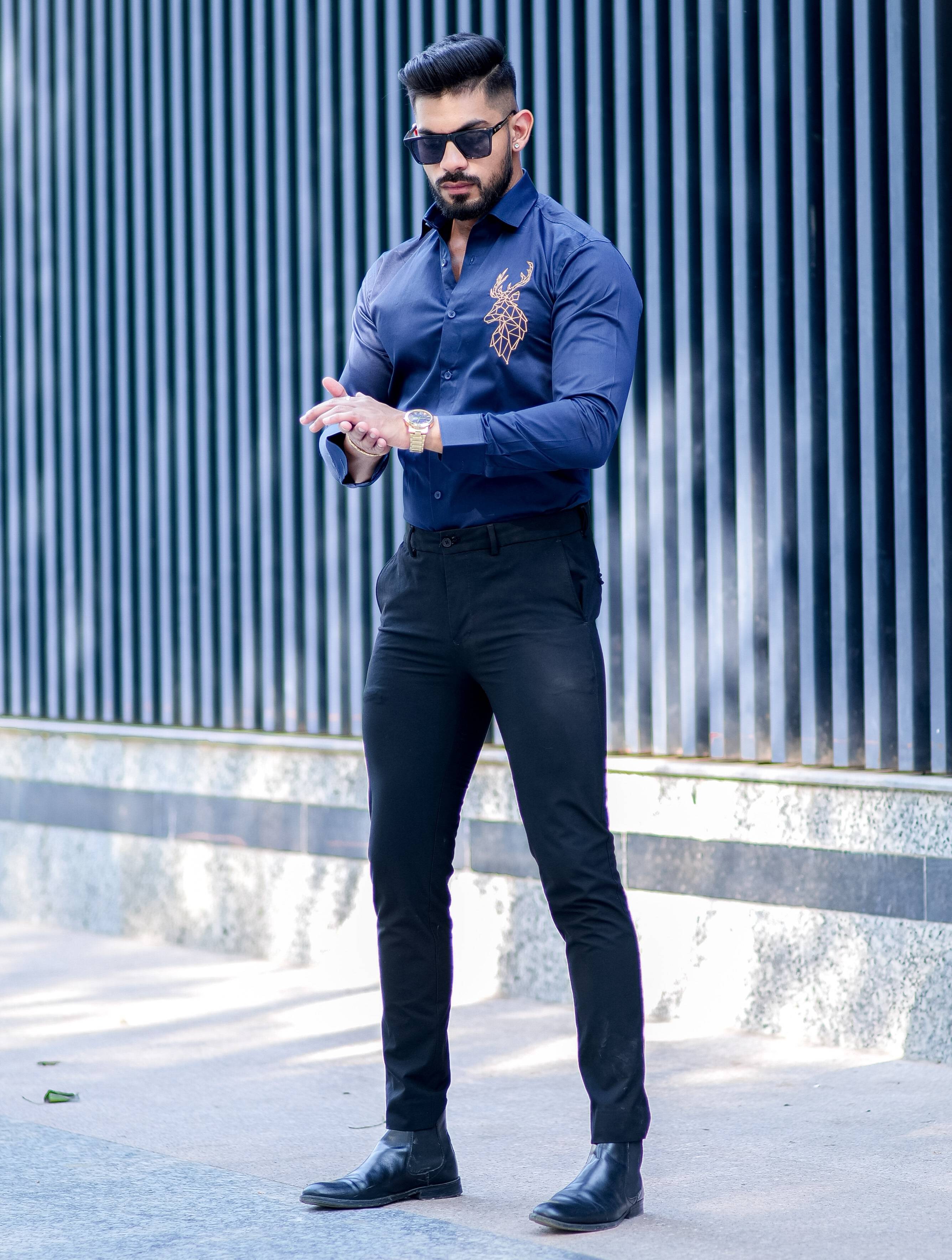 Deer Golden Embroidered Navy Blue Premium Cotton Shirt