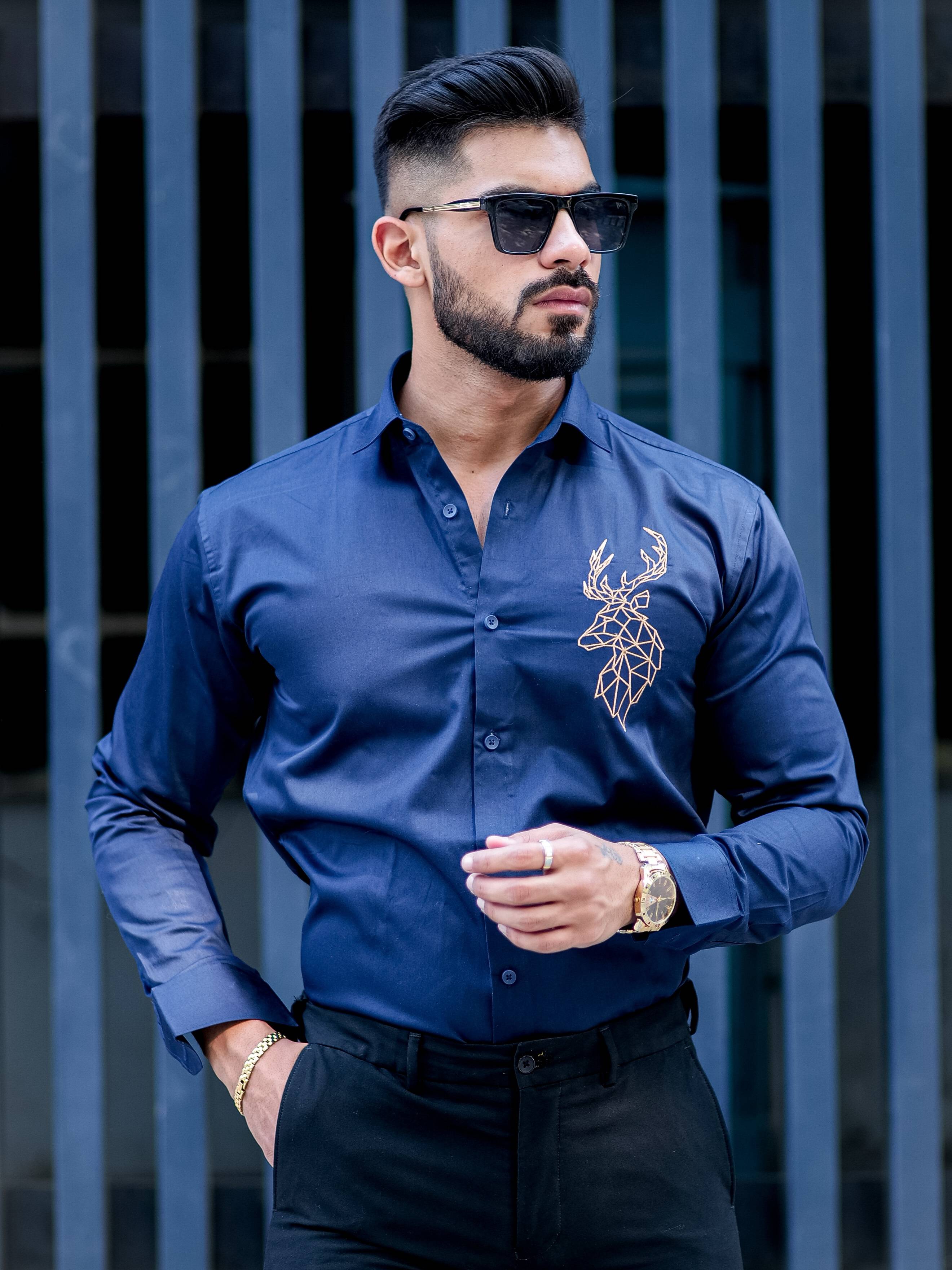 Deer Golden Embroidered Navy Blue Premium Cotton Shirt