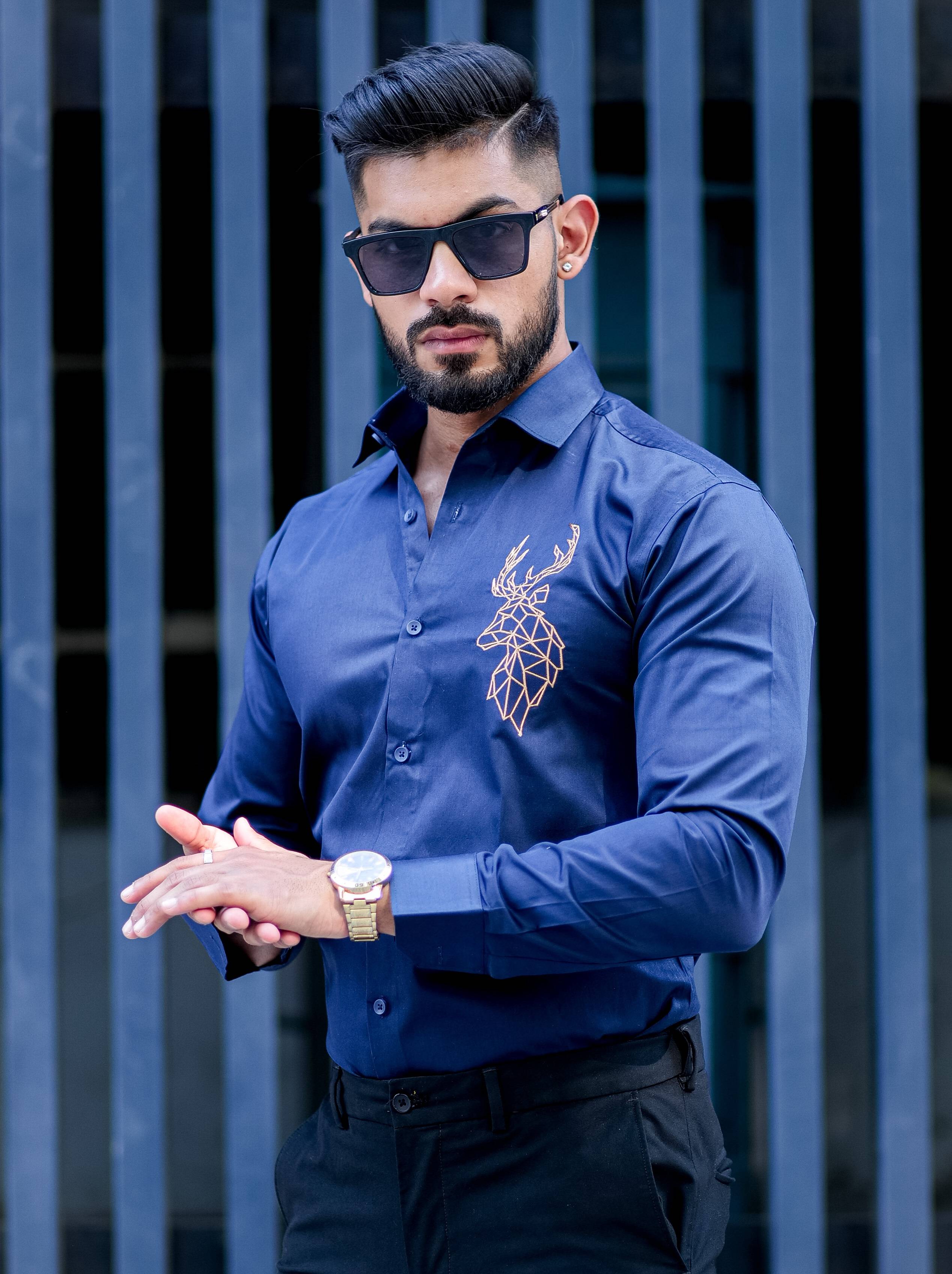 Deer Golden Embroidered Navy Blue Premium Cotton Shirt