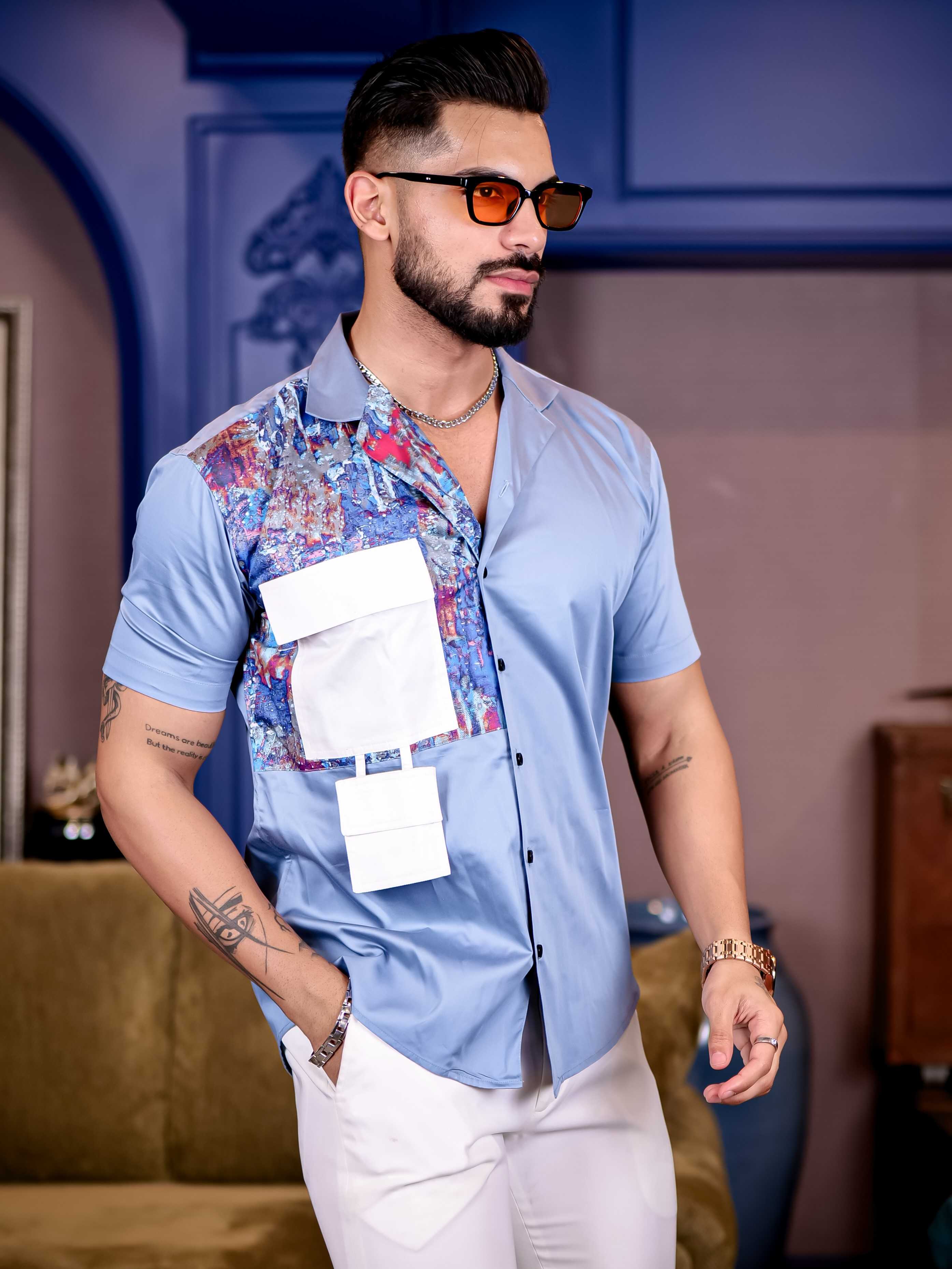Sky Notched Cut n sew Premium Cotton Shirt For Men