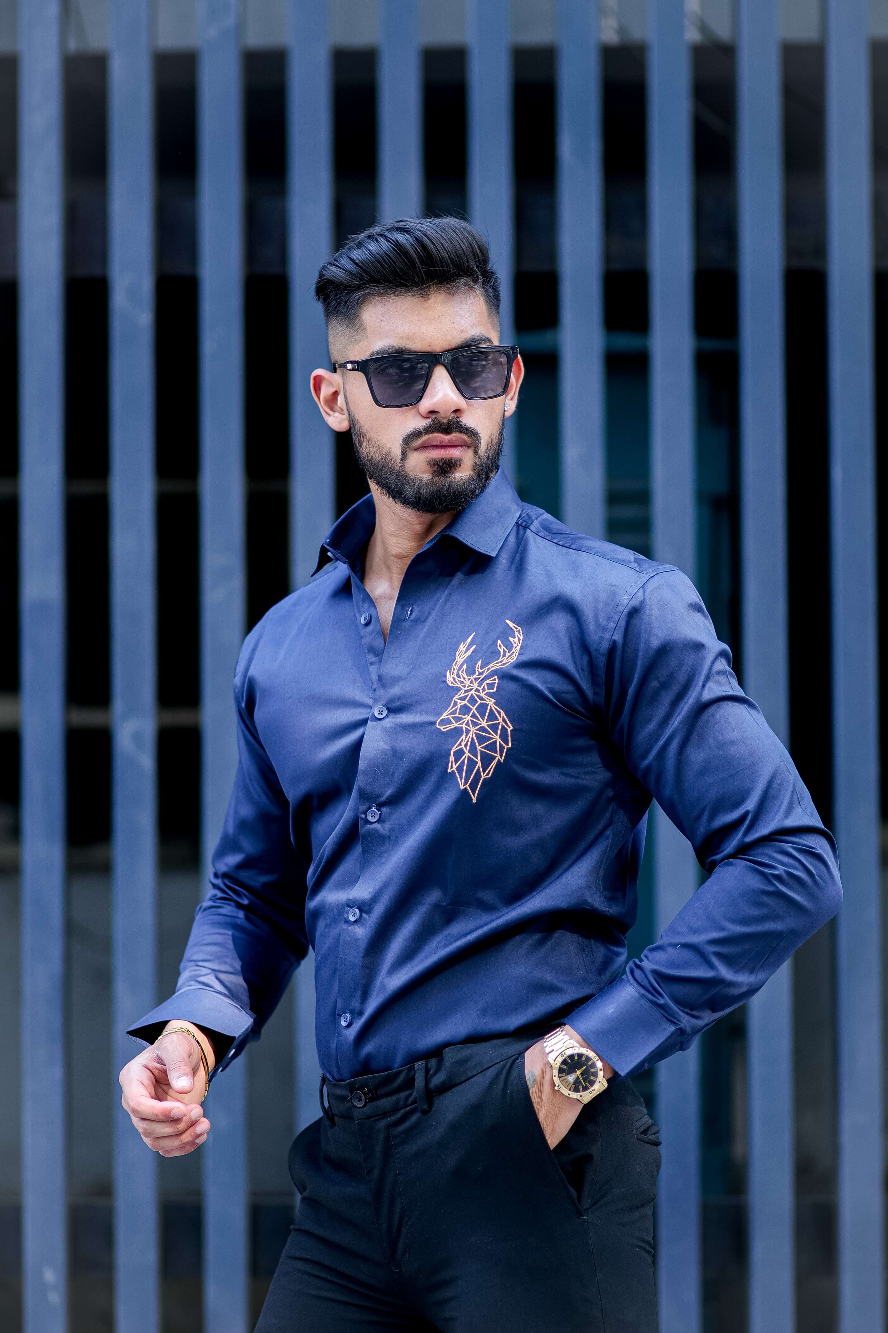 Deer Golden Embroidered Navy Blue Premium Cotton Shirt