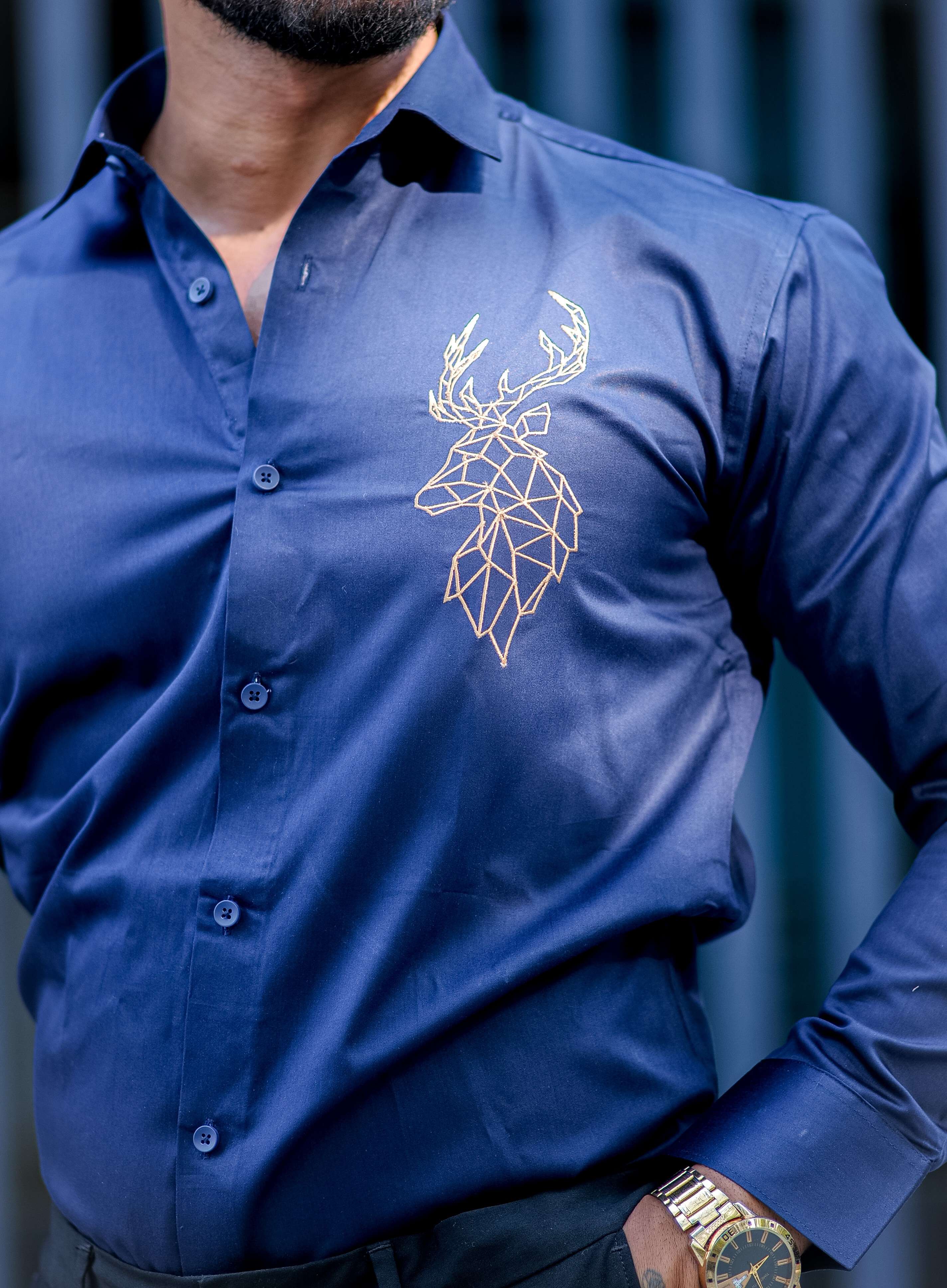 Deer Golden Embroidered Navy Blue Premium Cotton Shirt