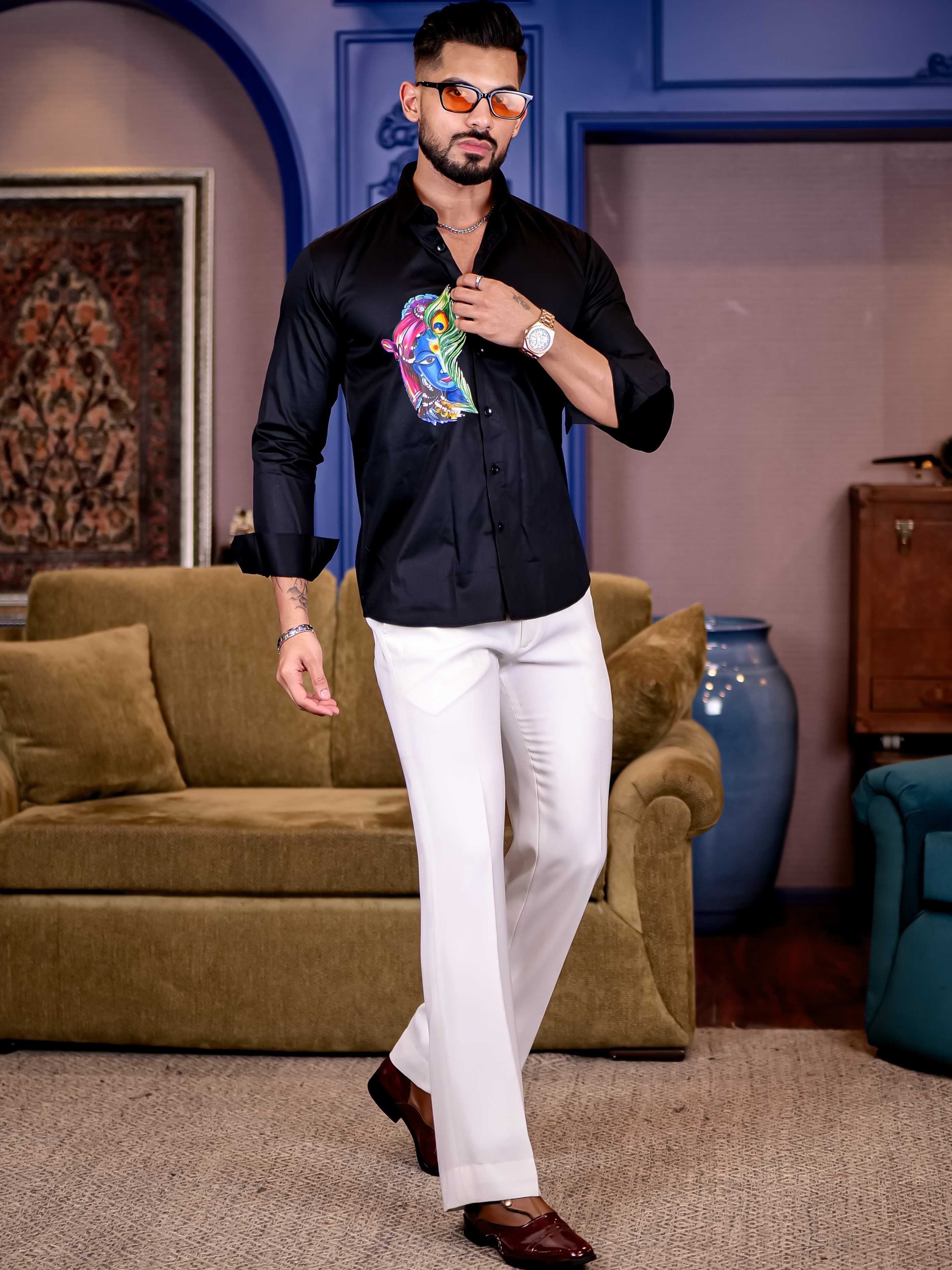 Lord Krishna Black Club Wear Printed Satin Cotton Shirt