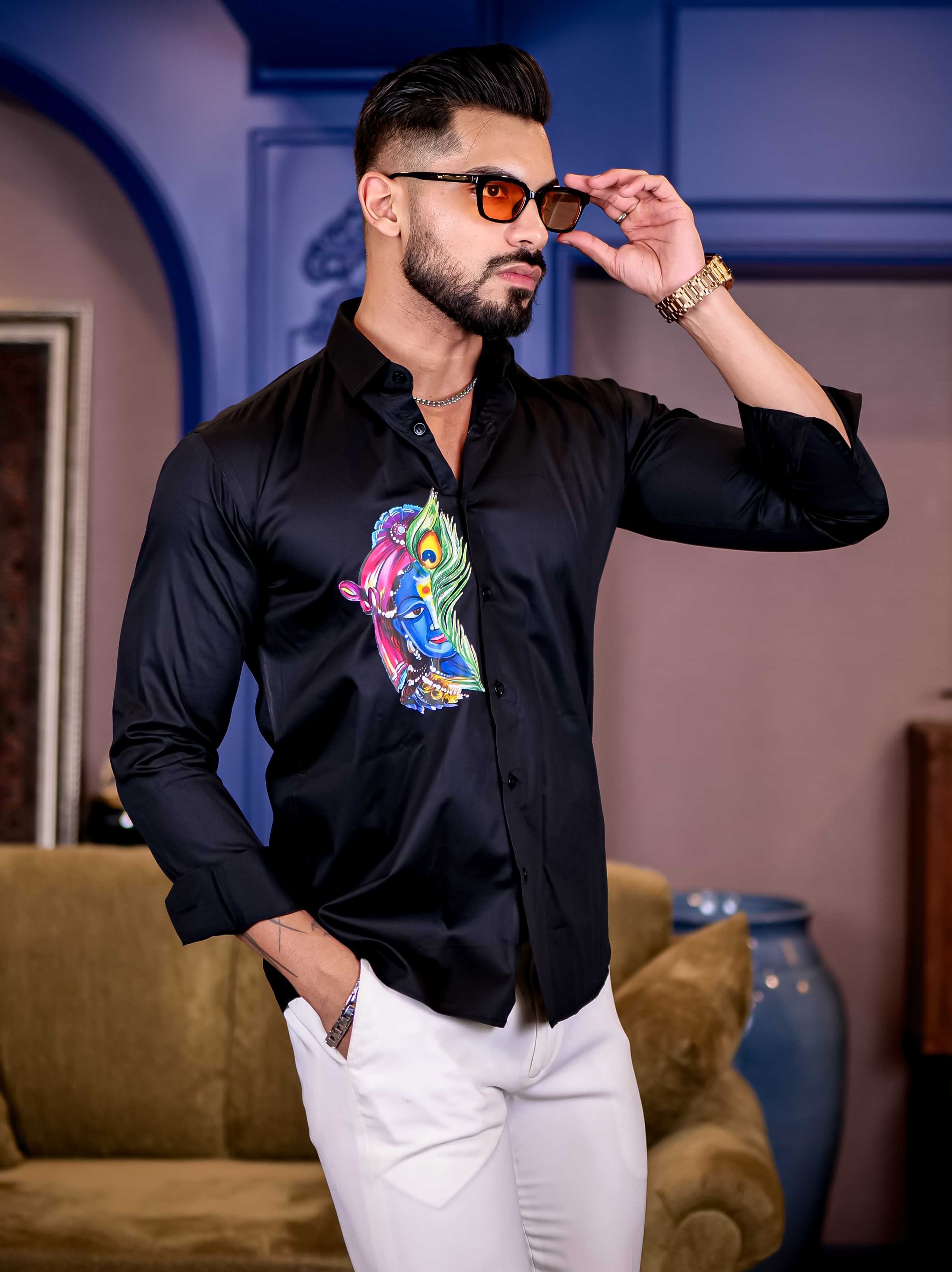 Lord Krishna Black Club Wear Printed Satin Cotton Shirt