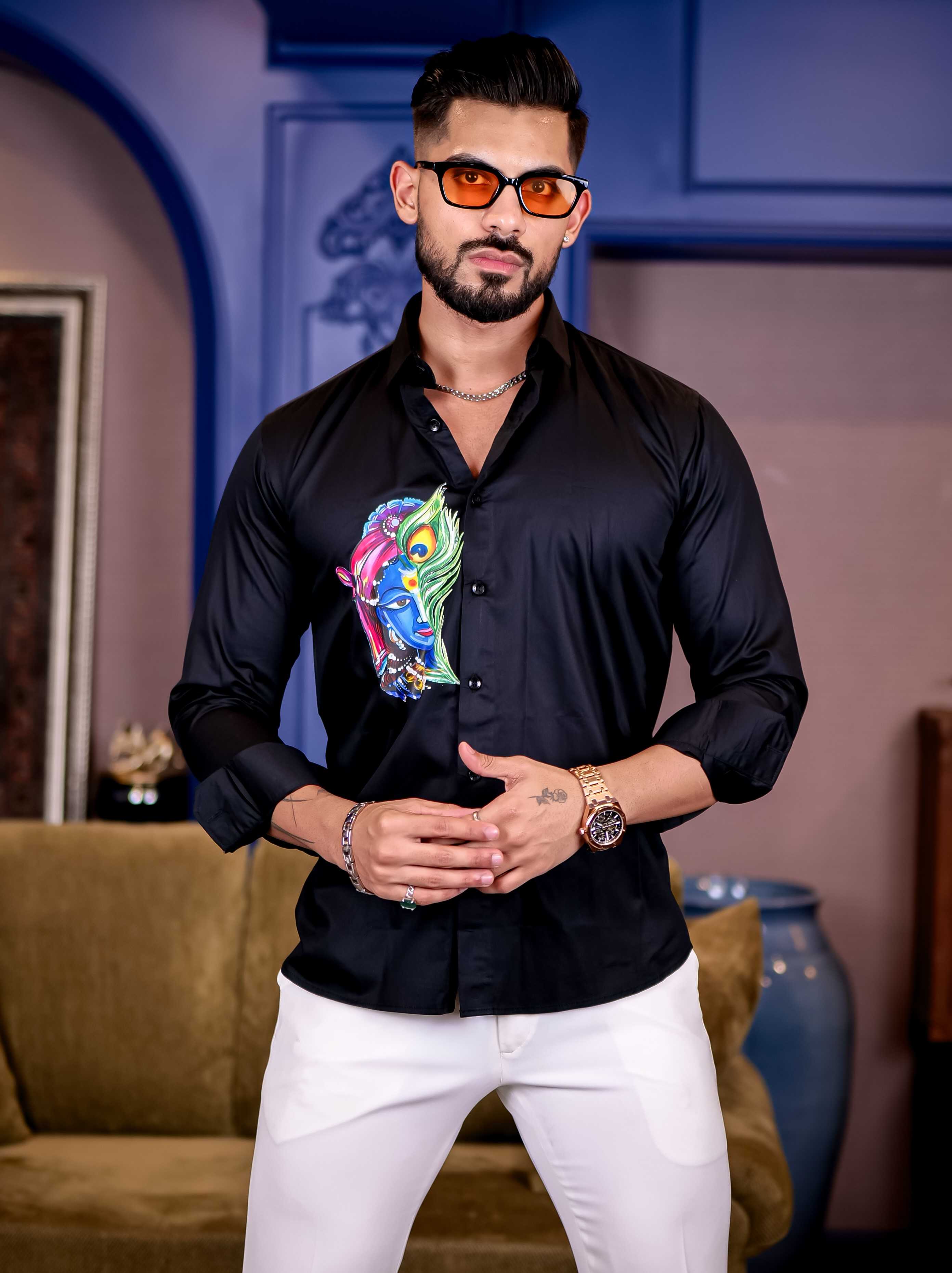 Lord Krishna Black Club Wear Printed Satin Cotton Shirt