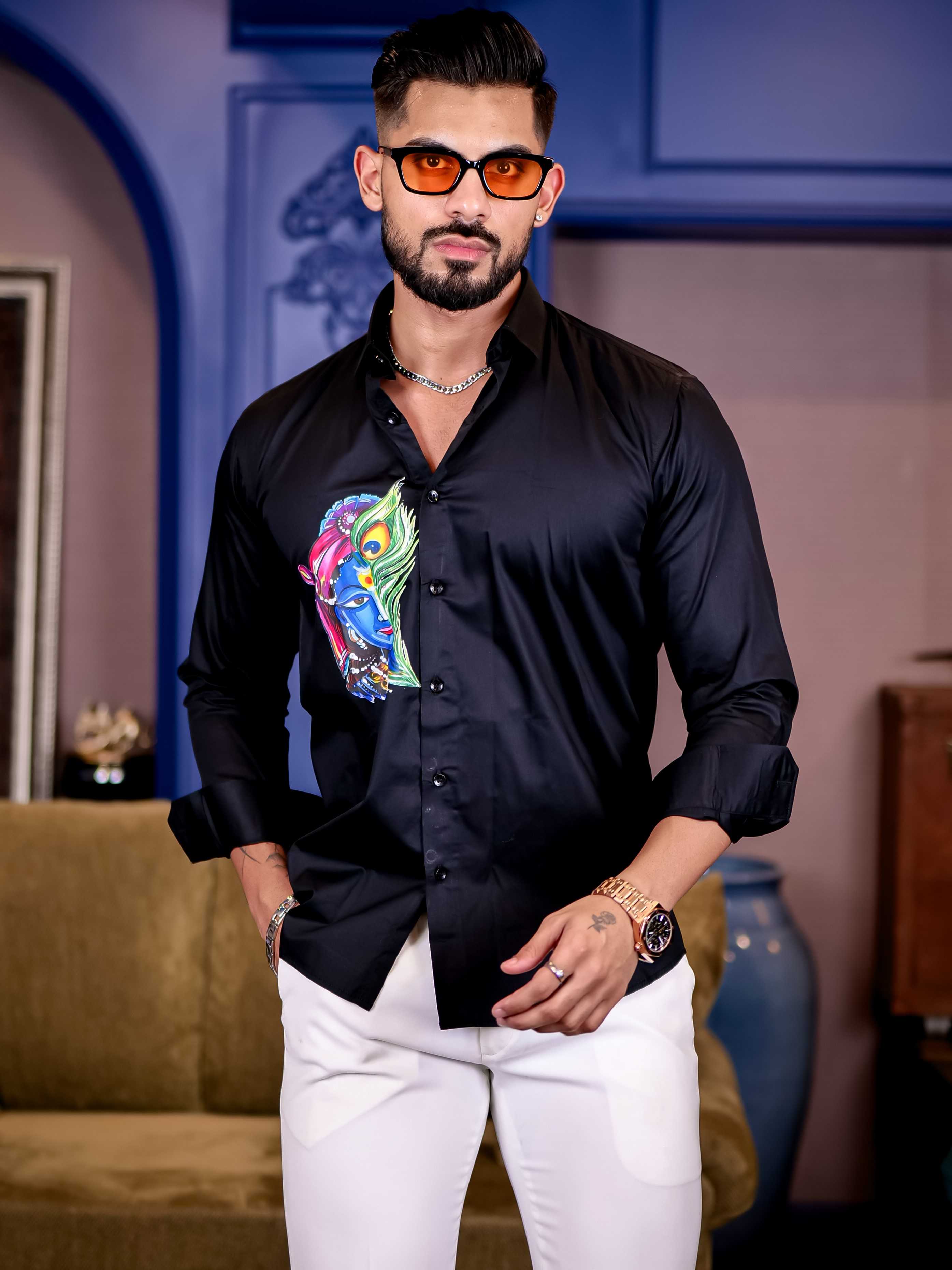Lord Krishna Black Club Wear Printed Satin Cotton Shirt