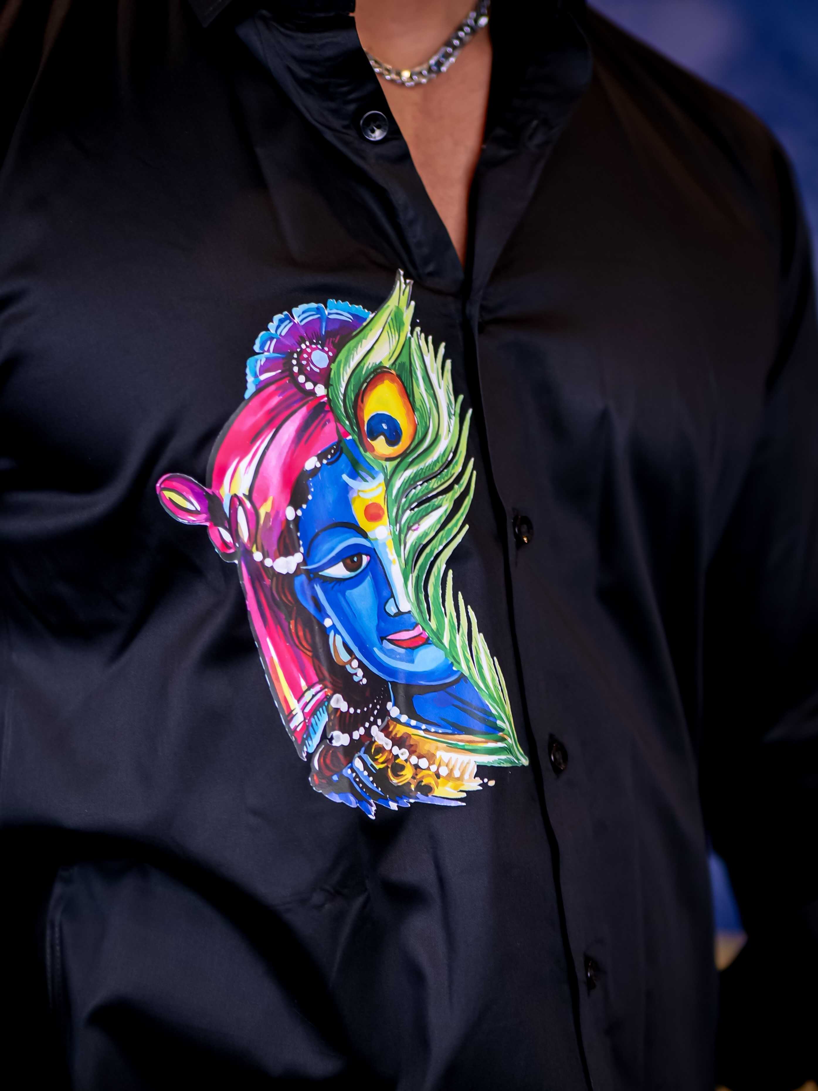 Lord Krishna Black Club Wear Printed Satin Cotton Shirt