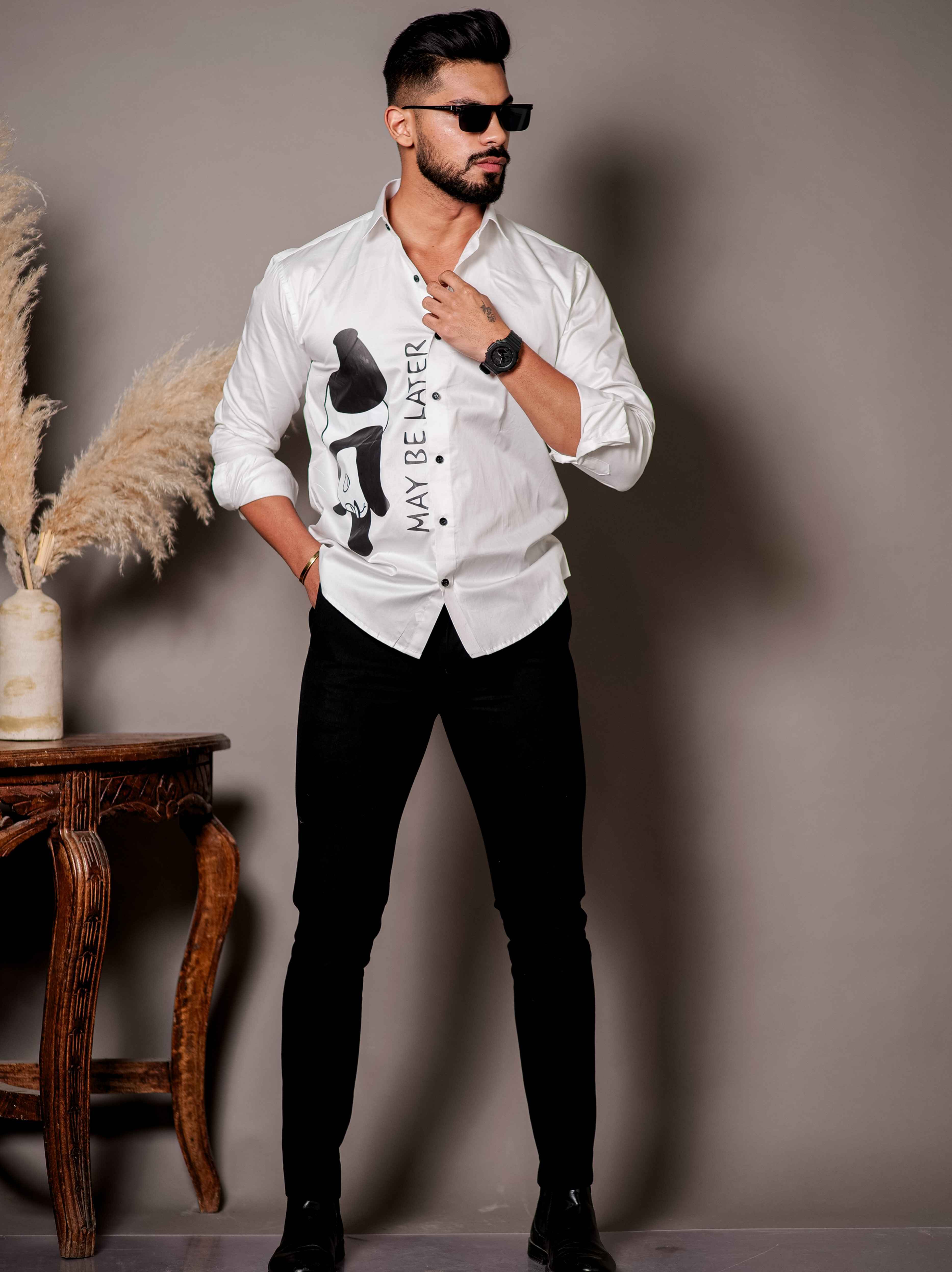 White Club Wear Printed Satin Cotton Shirt