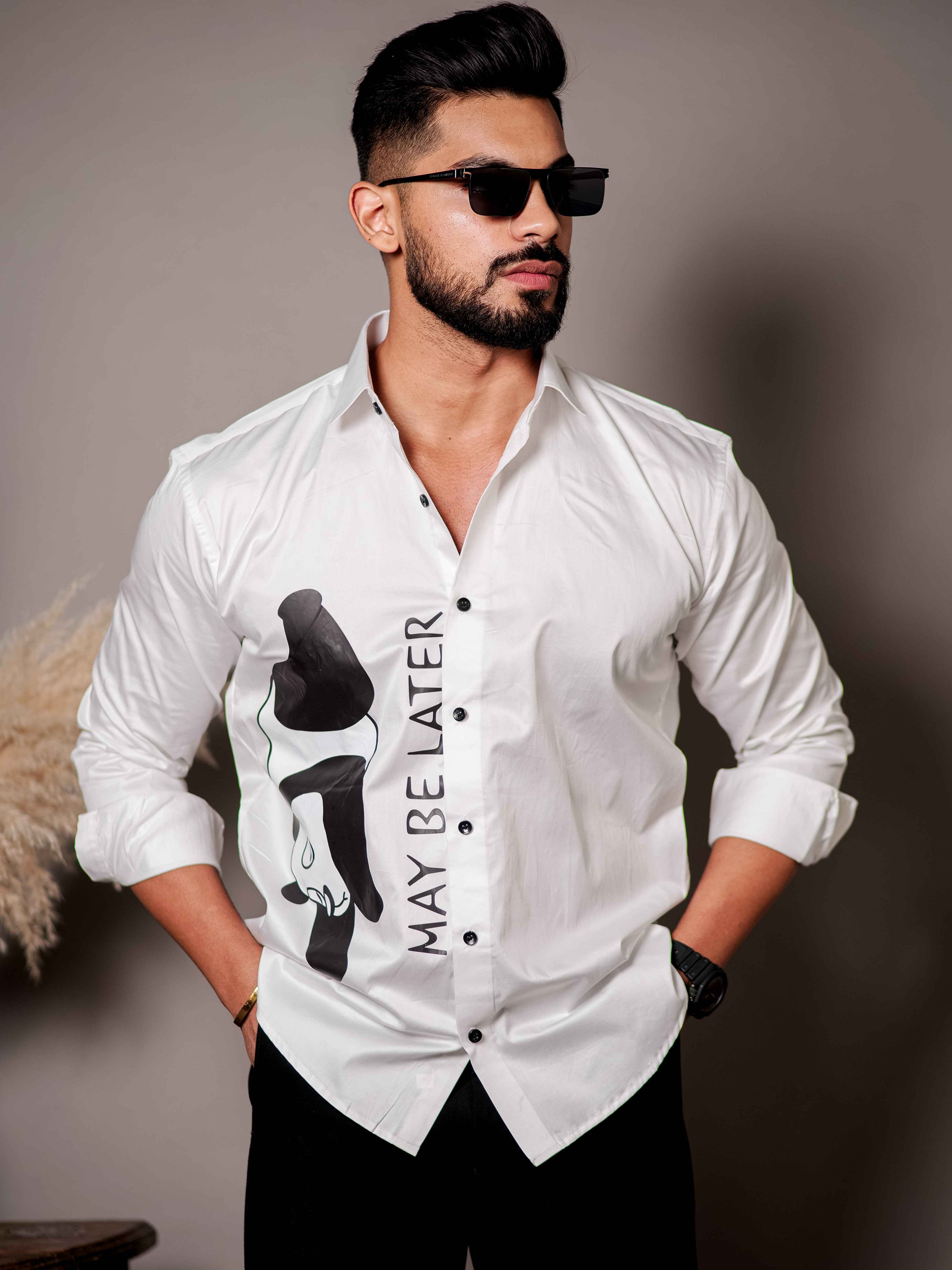 White Club Wear Printed Satin Cotton Shirt