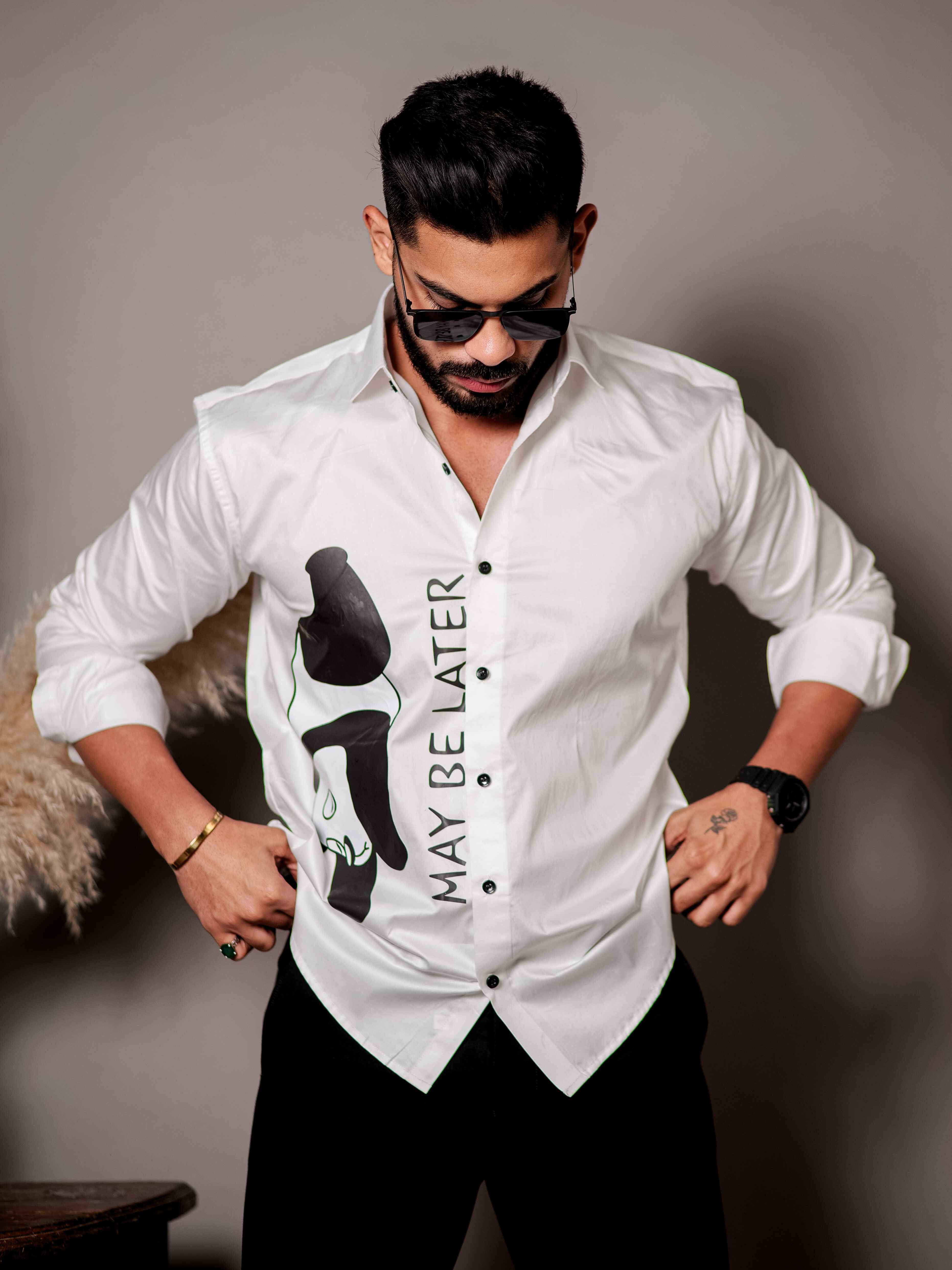 White Club Wear Printed Satin Cotton Shirt