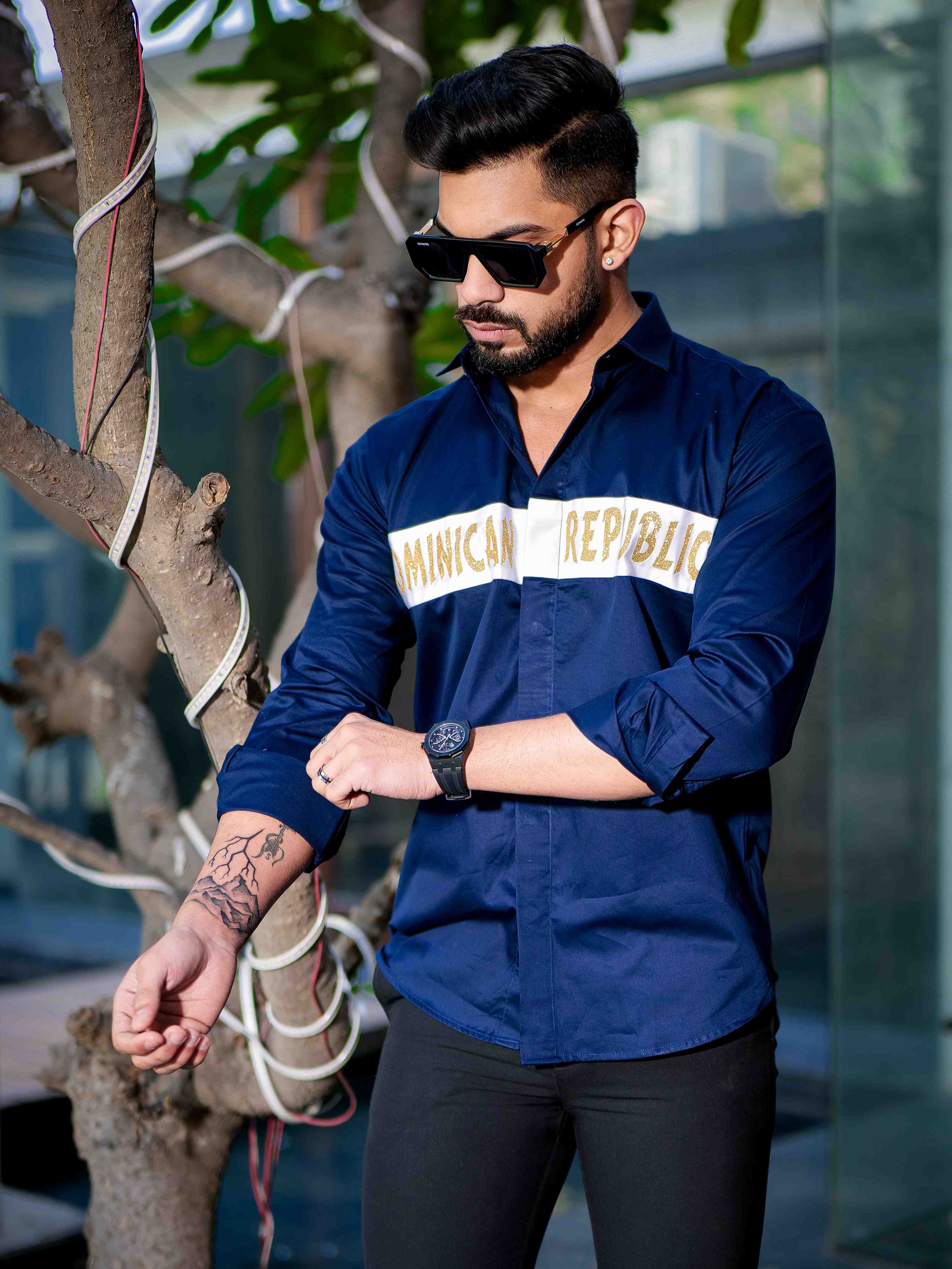 Navy Club Wear Dominican Republic Printed Satin Cotton Shirt