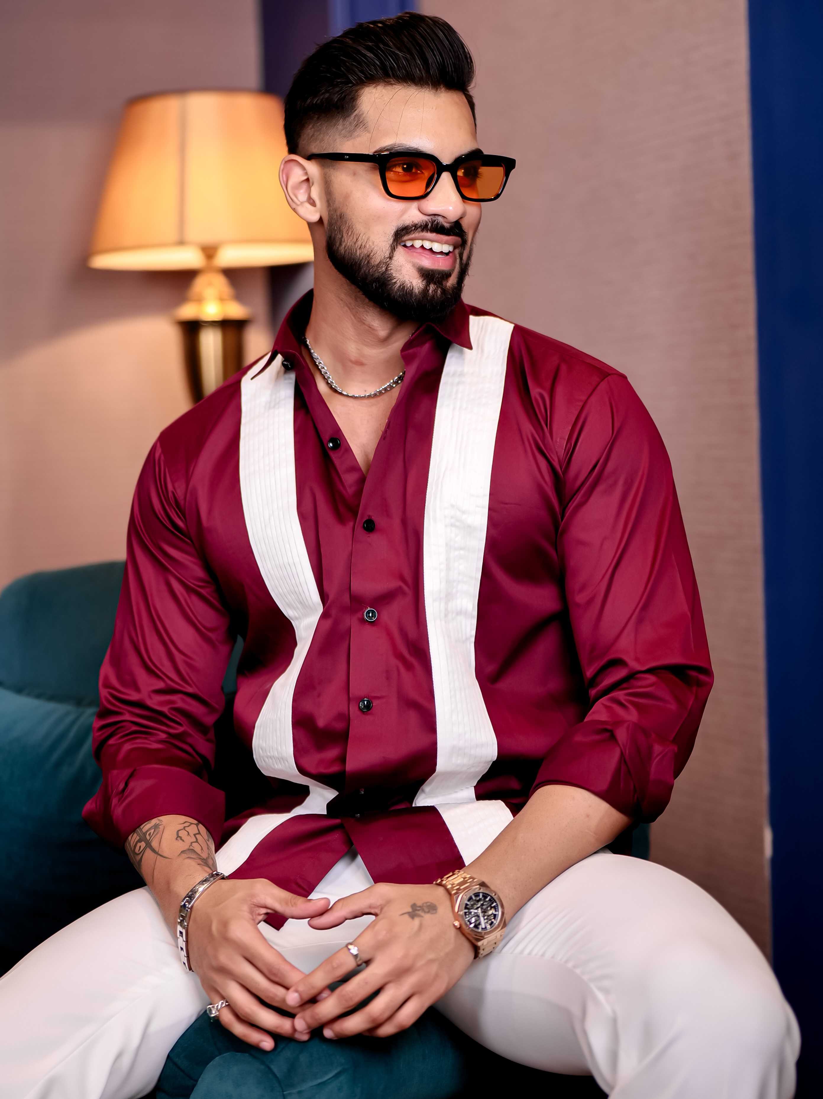 Maroon with White Subtle Sheen Tuxedo Premium Giza Satin Cotton Shirt