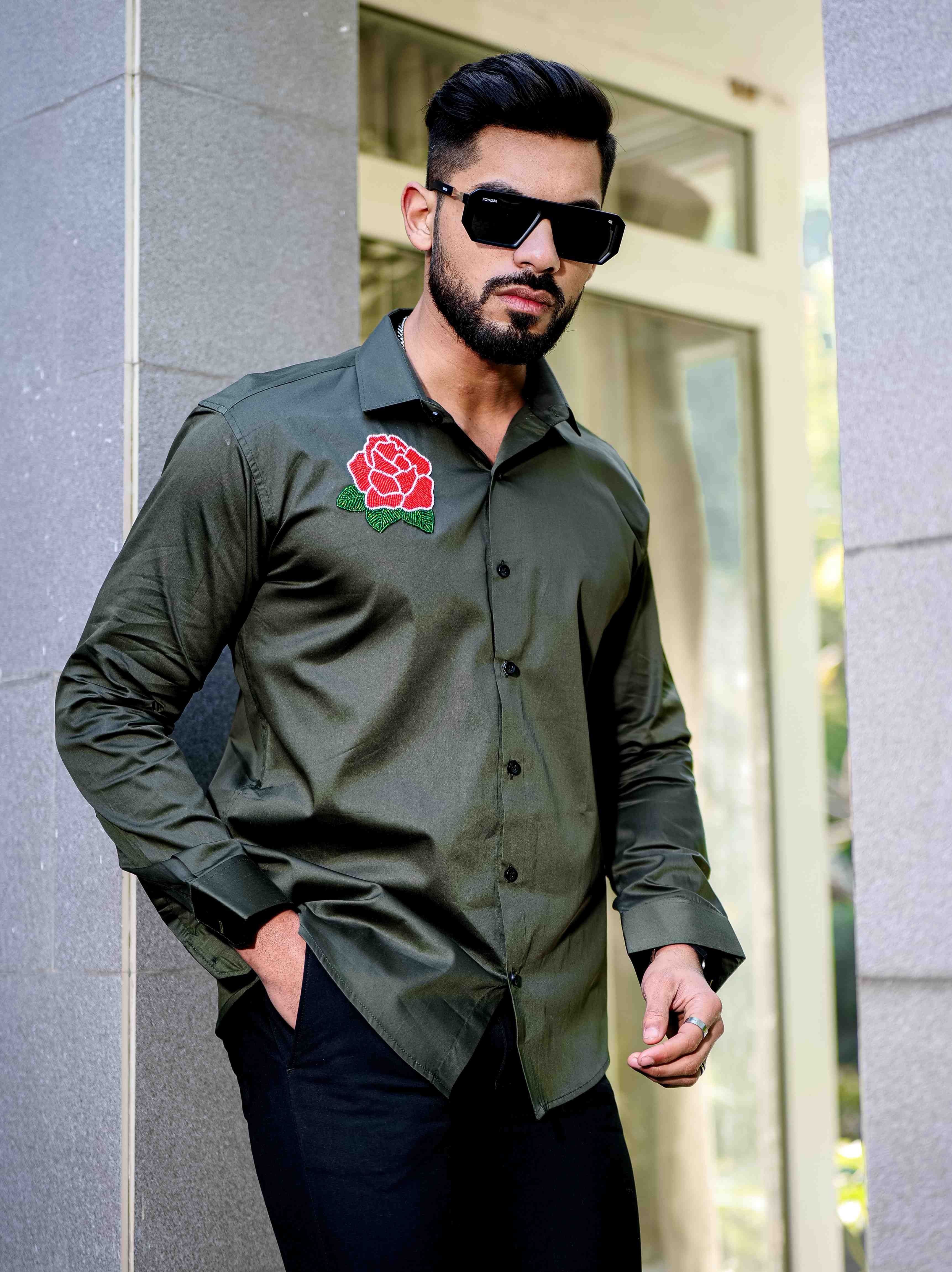 Olive Rhinestone Party Satin Cotton Premium Shirt