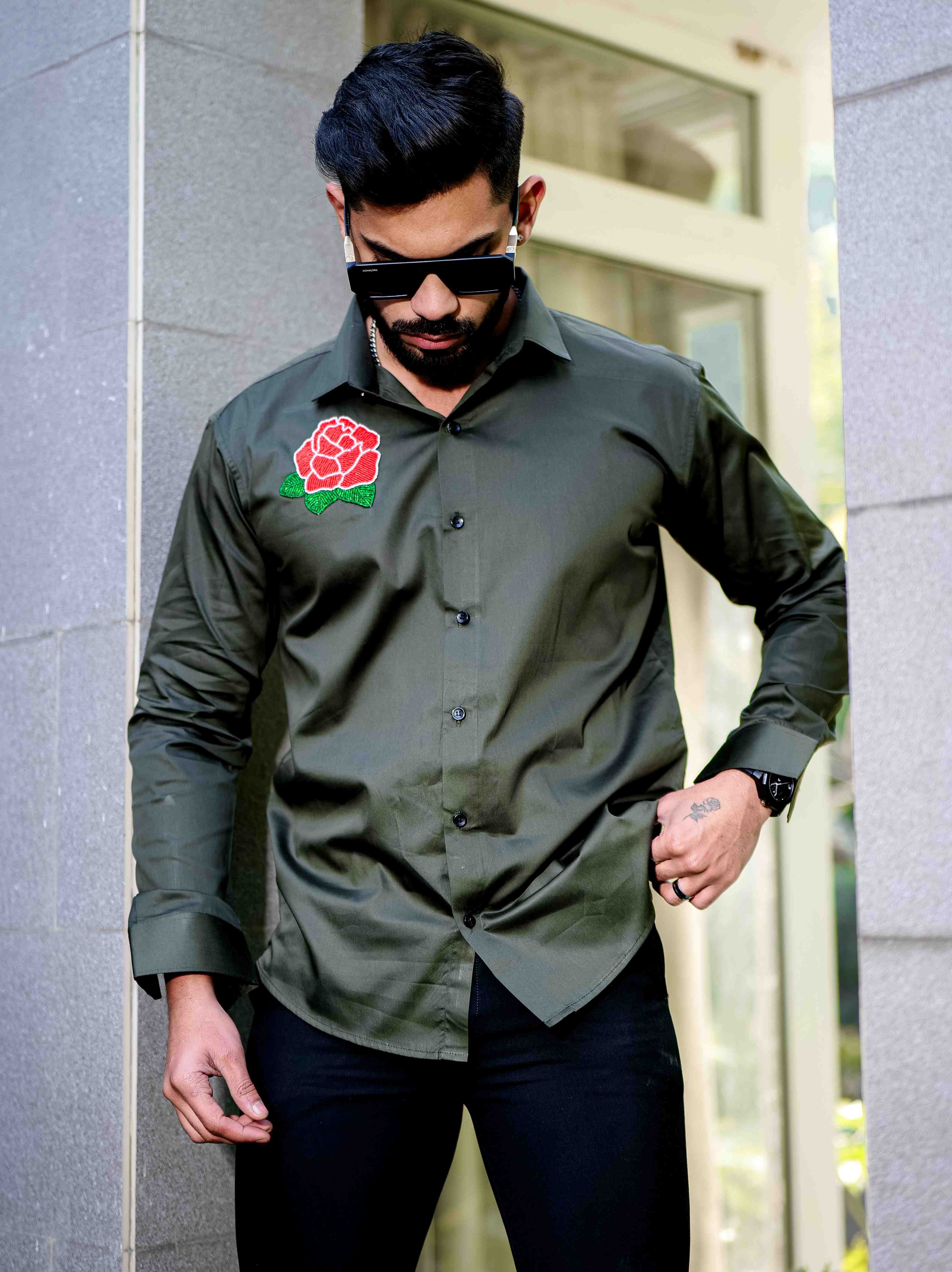 Olive Rhinestone Party Satin Cotton Premium Shirt
