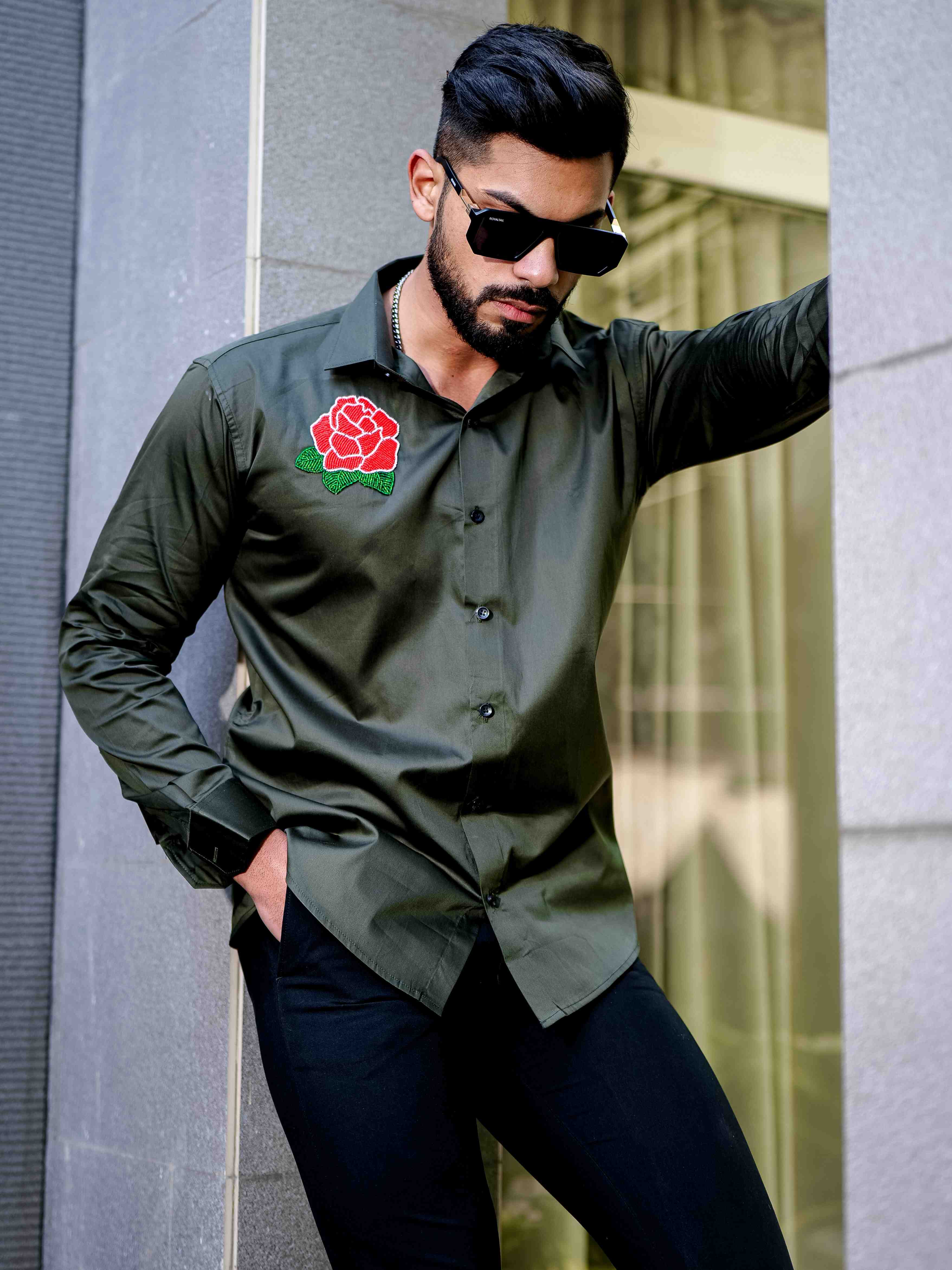 Olive Rhinestone Party Satin Cotton Premium Shirt