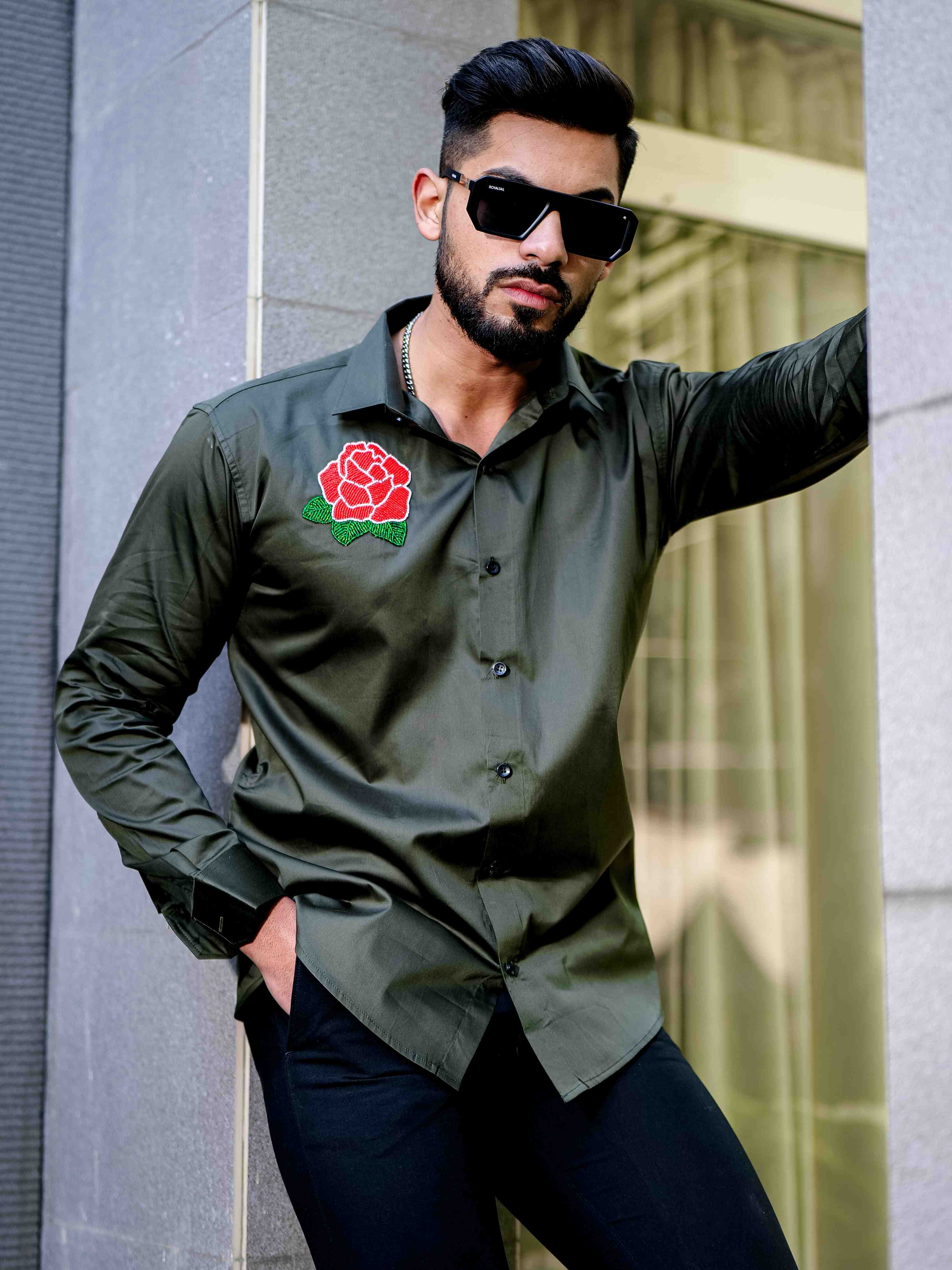 Olive Rhinestone Party Satin Cotton Premium Shirt
