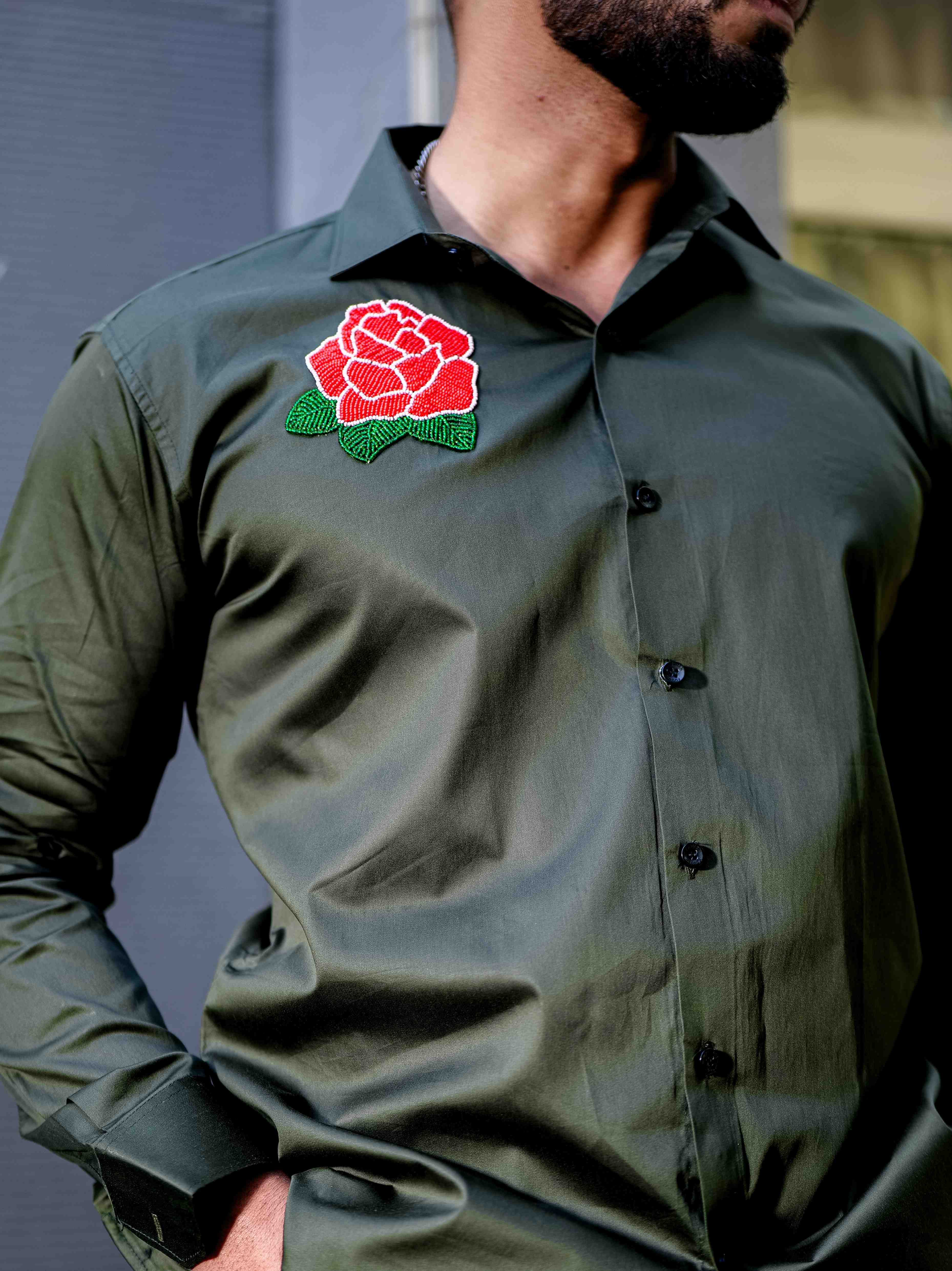 Olive Rhinestone Party Satin Cotton Premium Shirt