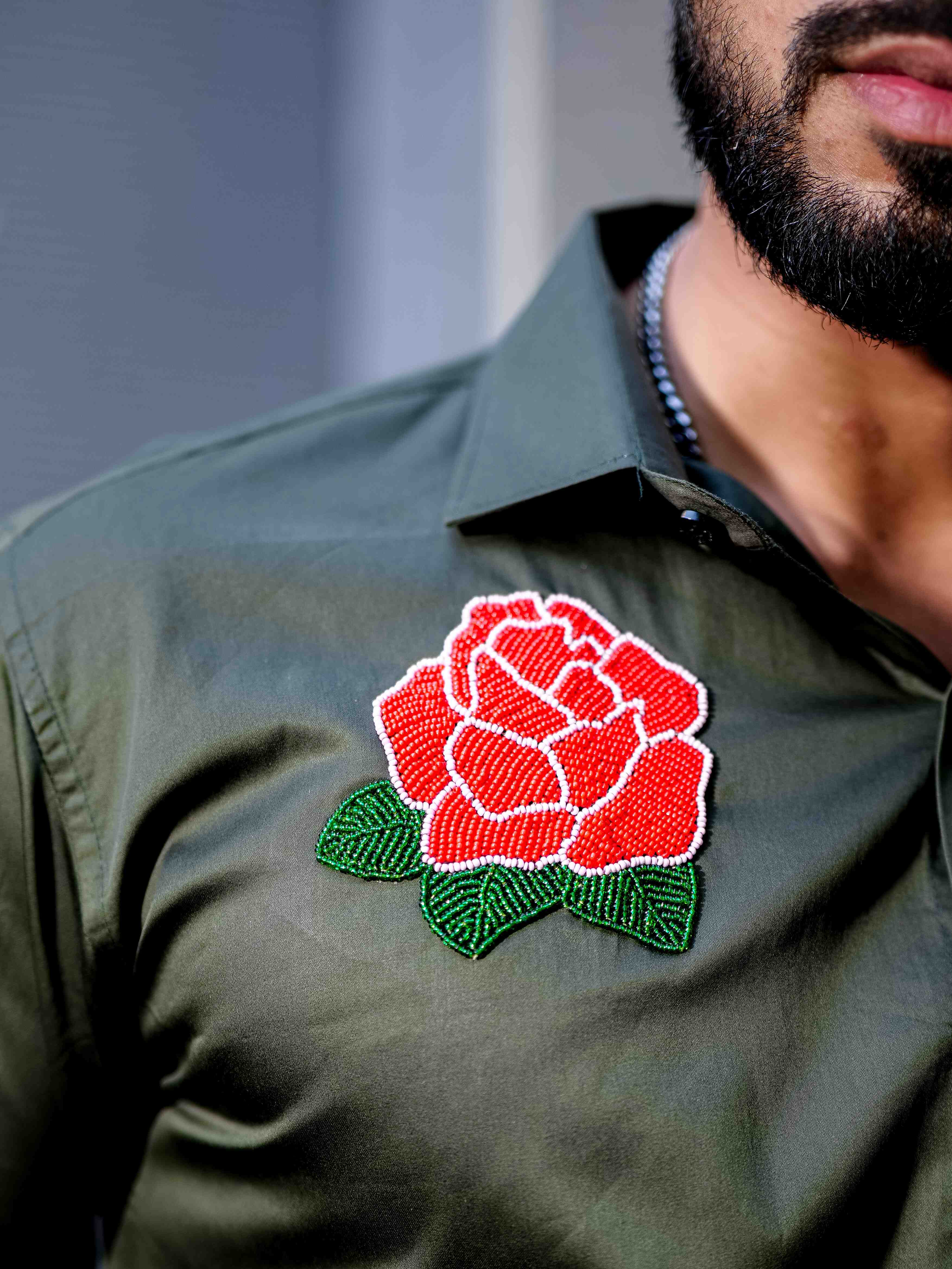 Olive Rhinestone Party Satin Cotton Premium Shirt