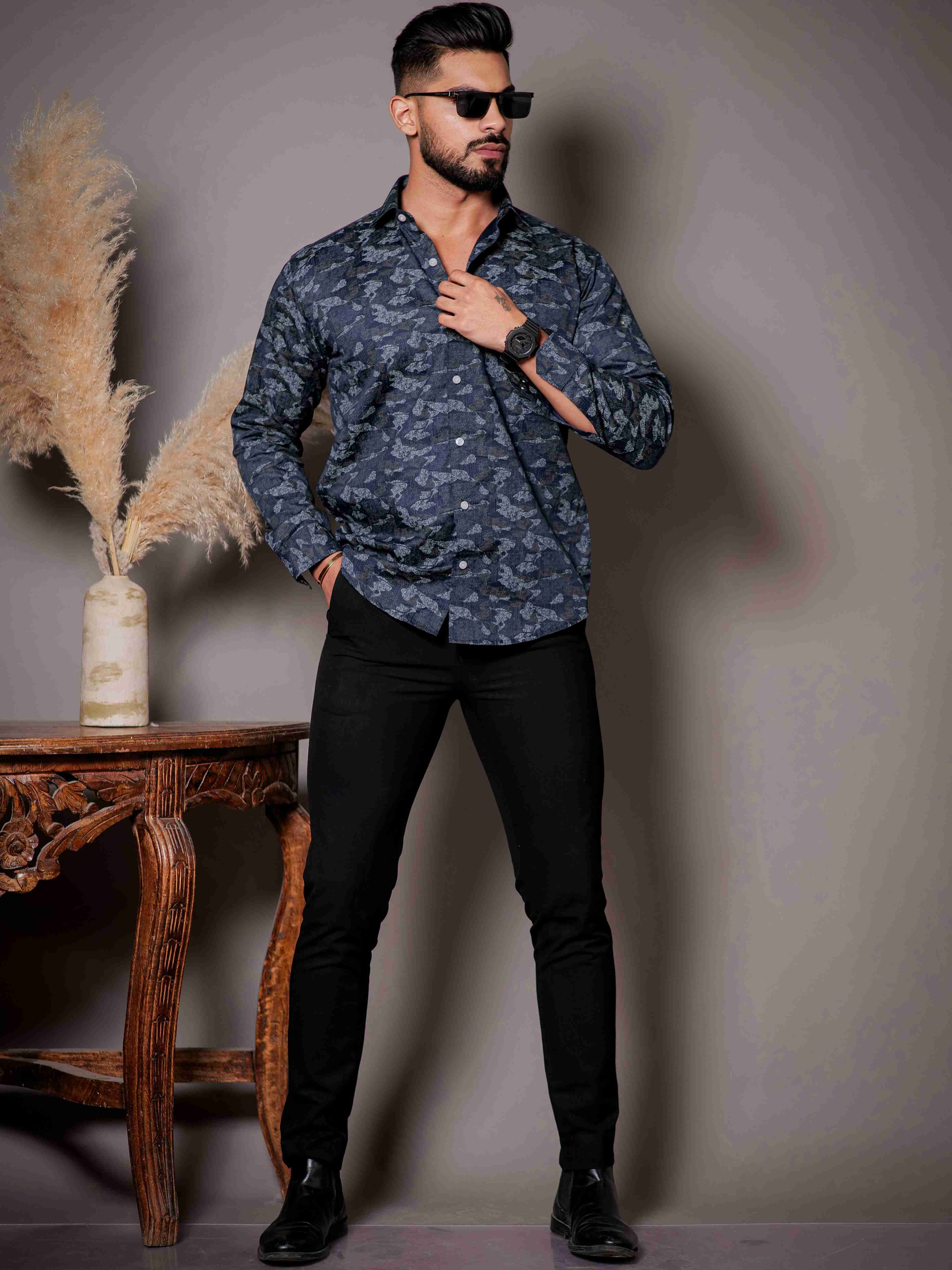 Blue Satin Print Premium Shirt