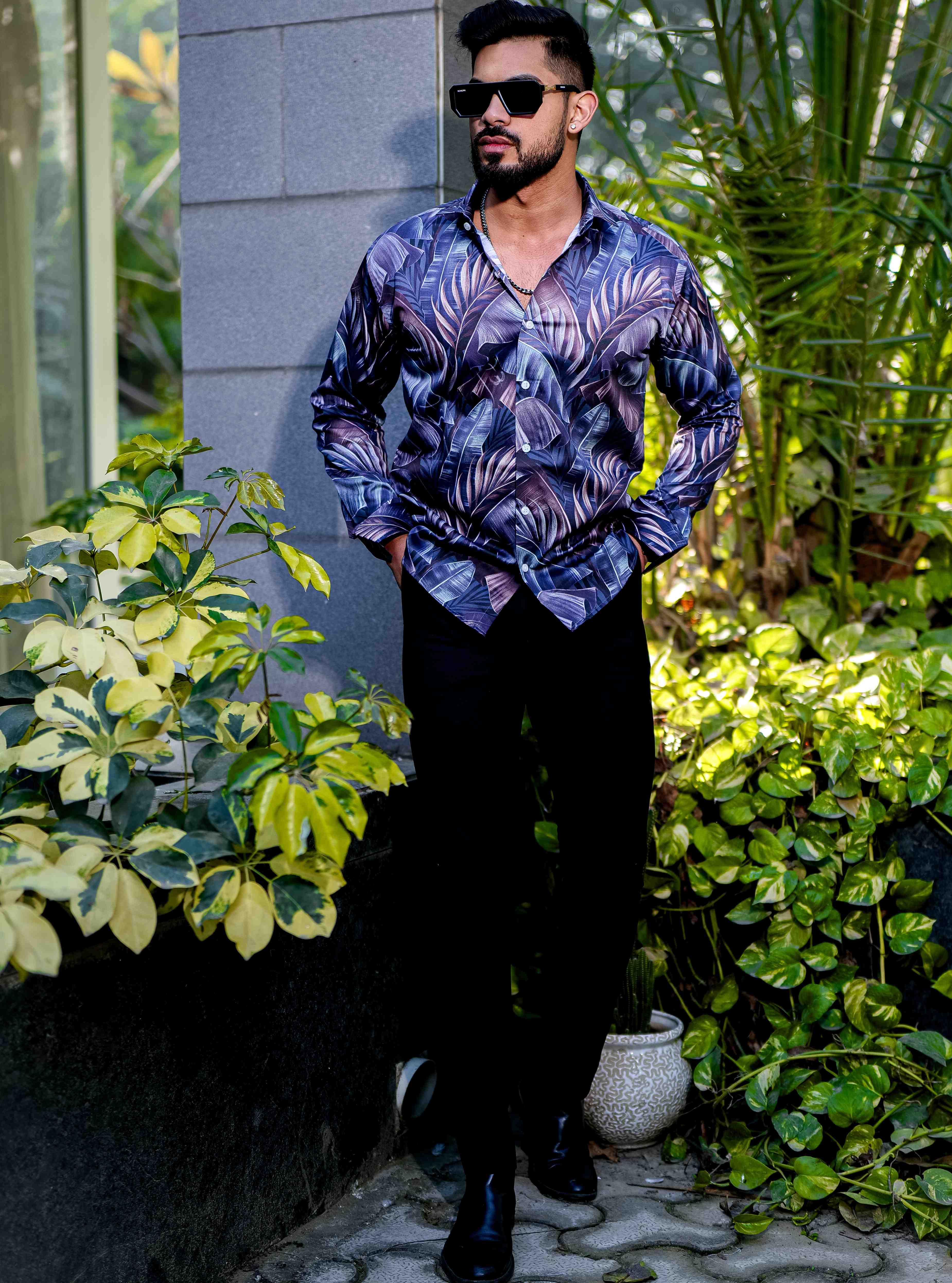 Blue Flower Giza Cotton Print Premium Shirt