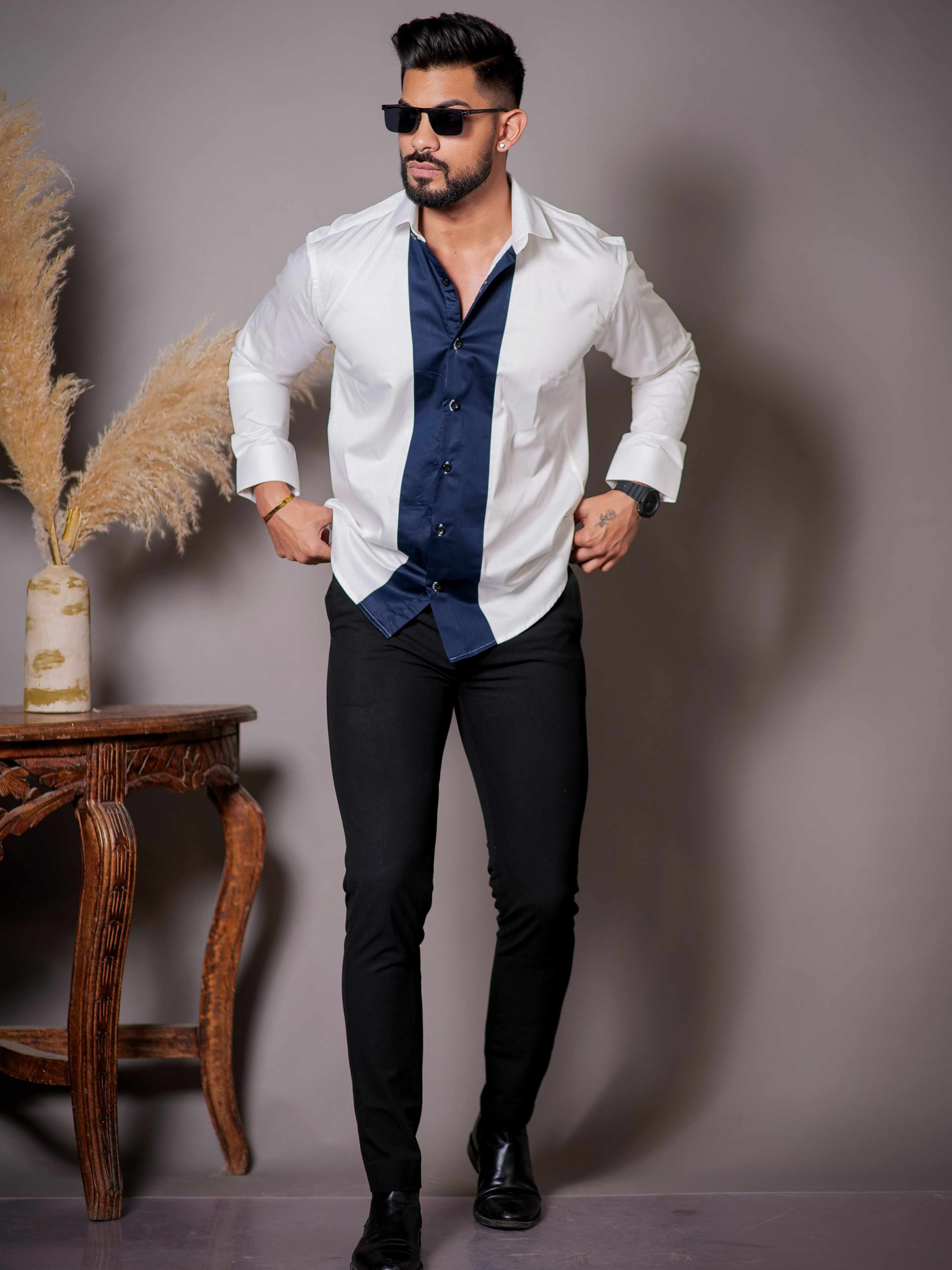 White And Blue Designer Satin Cotton Shirt