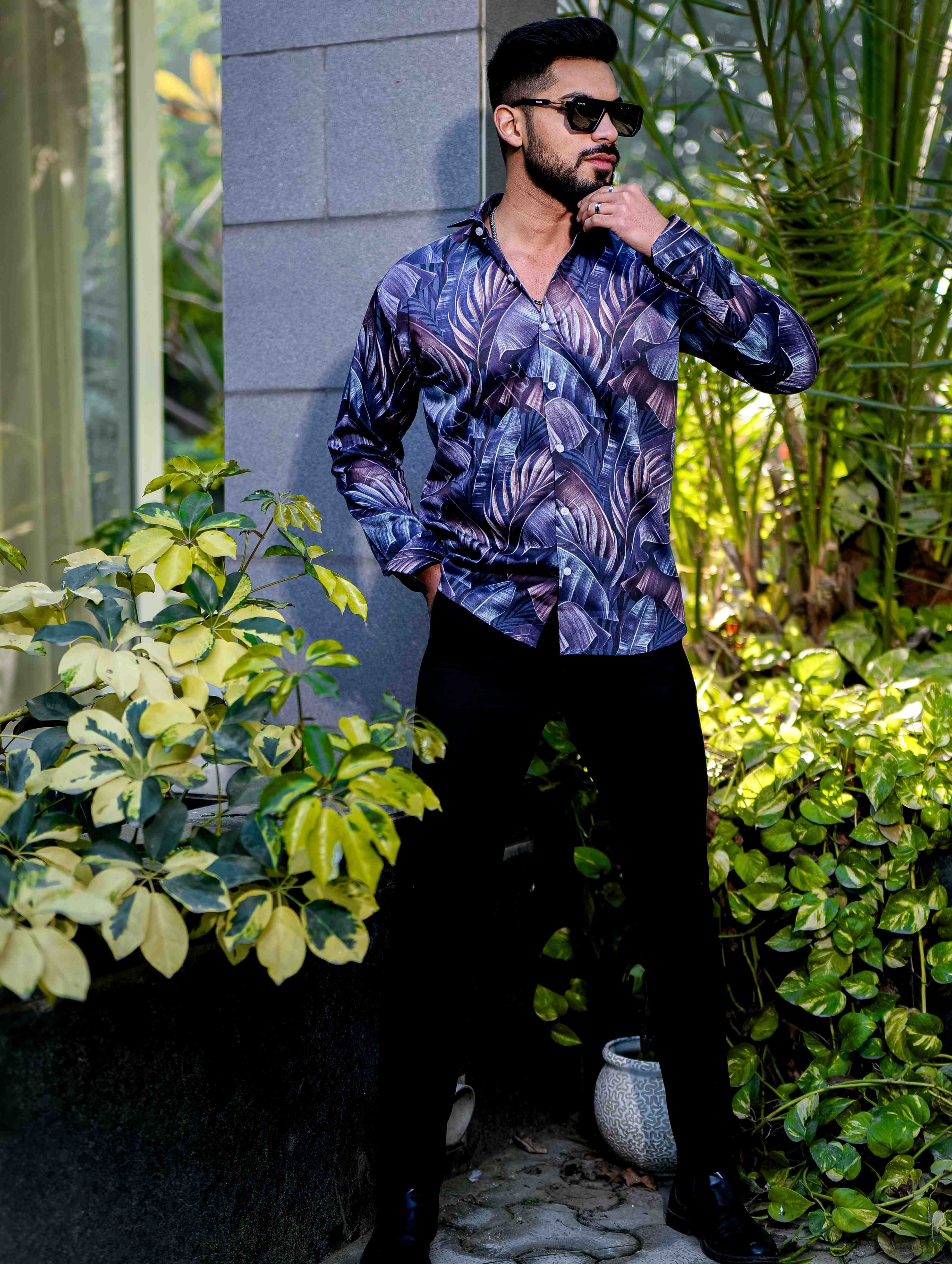 Blue Flower Giza Cotton Print Premium Shirt
