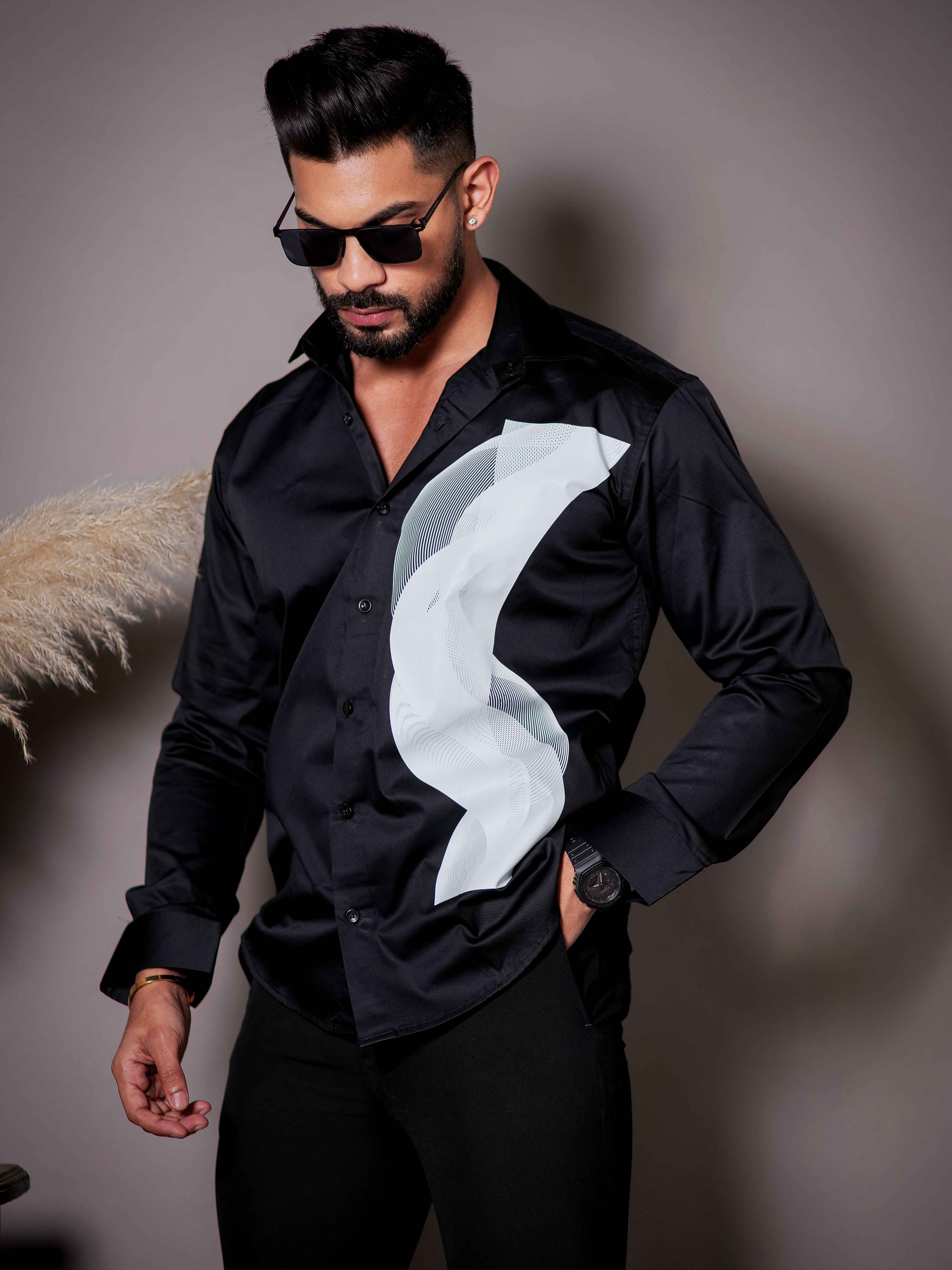 Black Club Wear Printed Satin Cotton Shirt