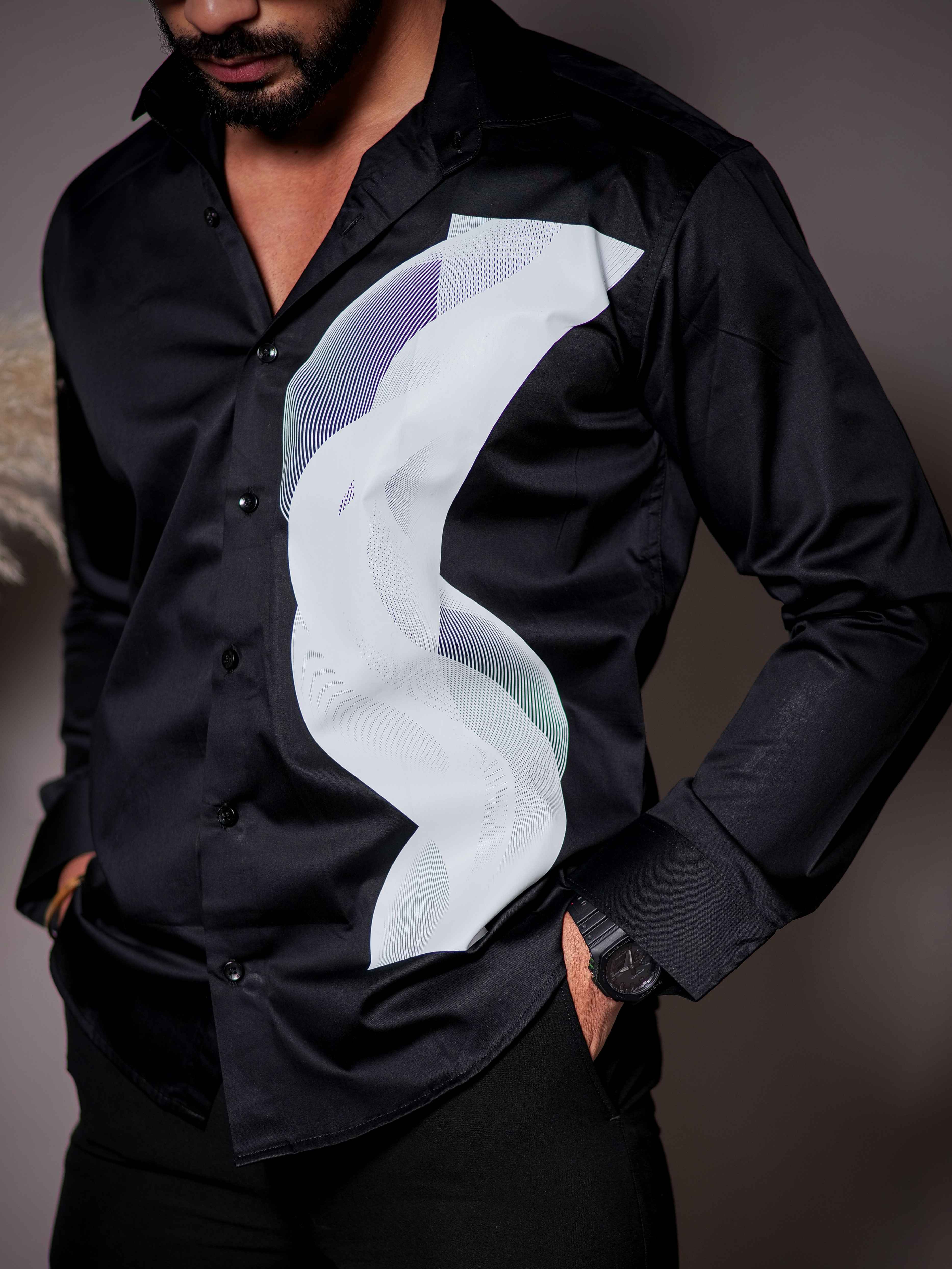 Black Club Wear Printed Satin Cotton Shirt