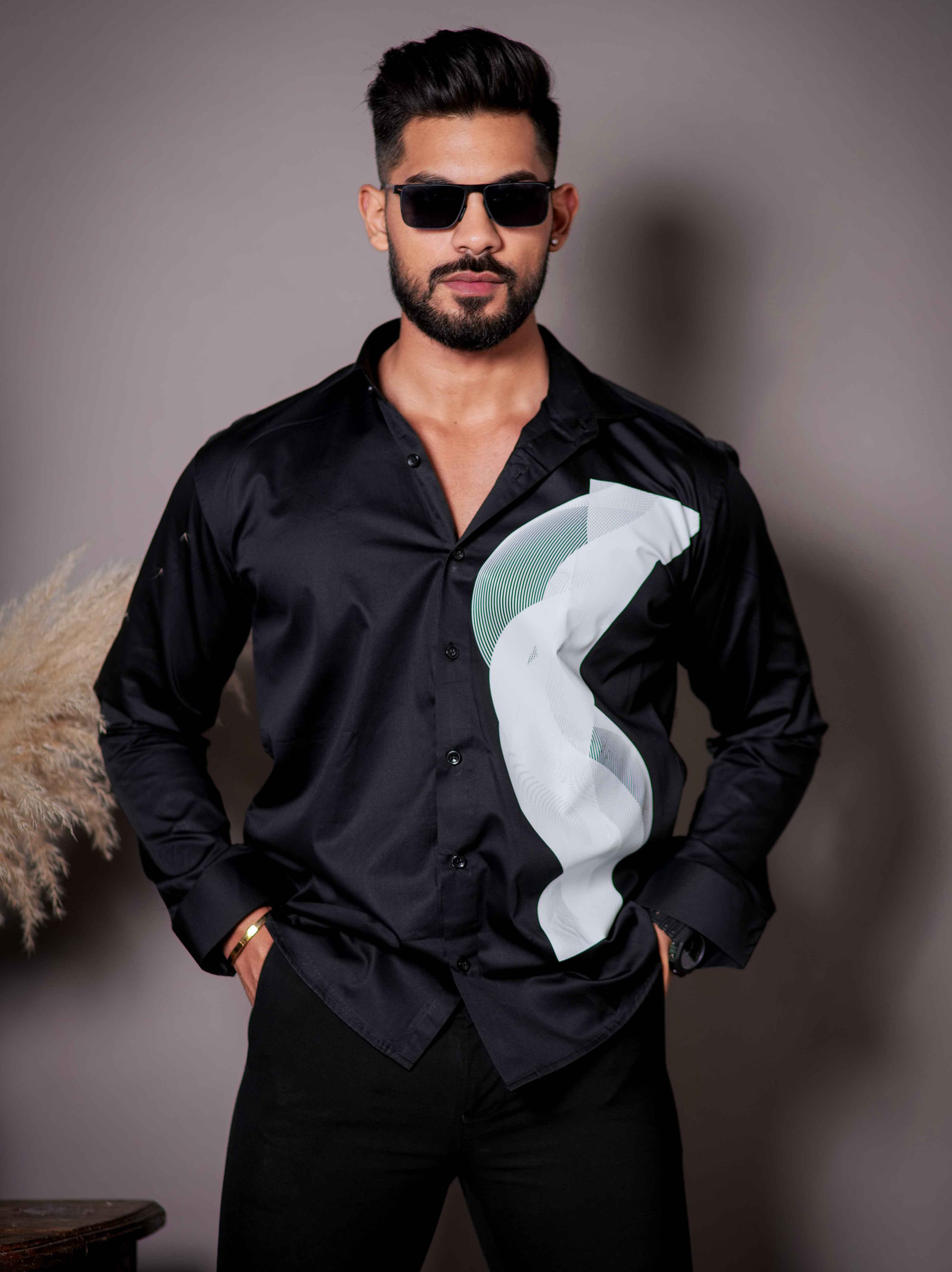 Black Club Wear Printed Satin Cotton Shirt