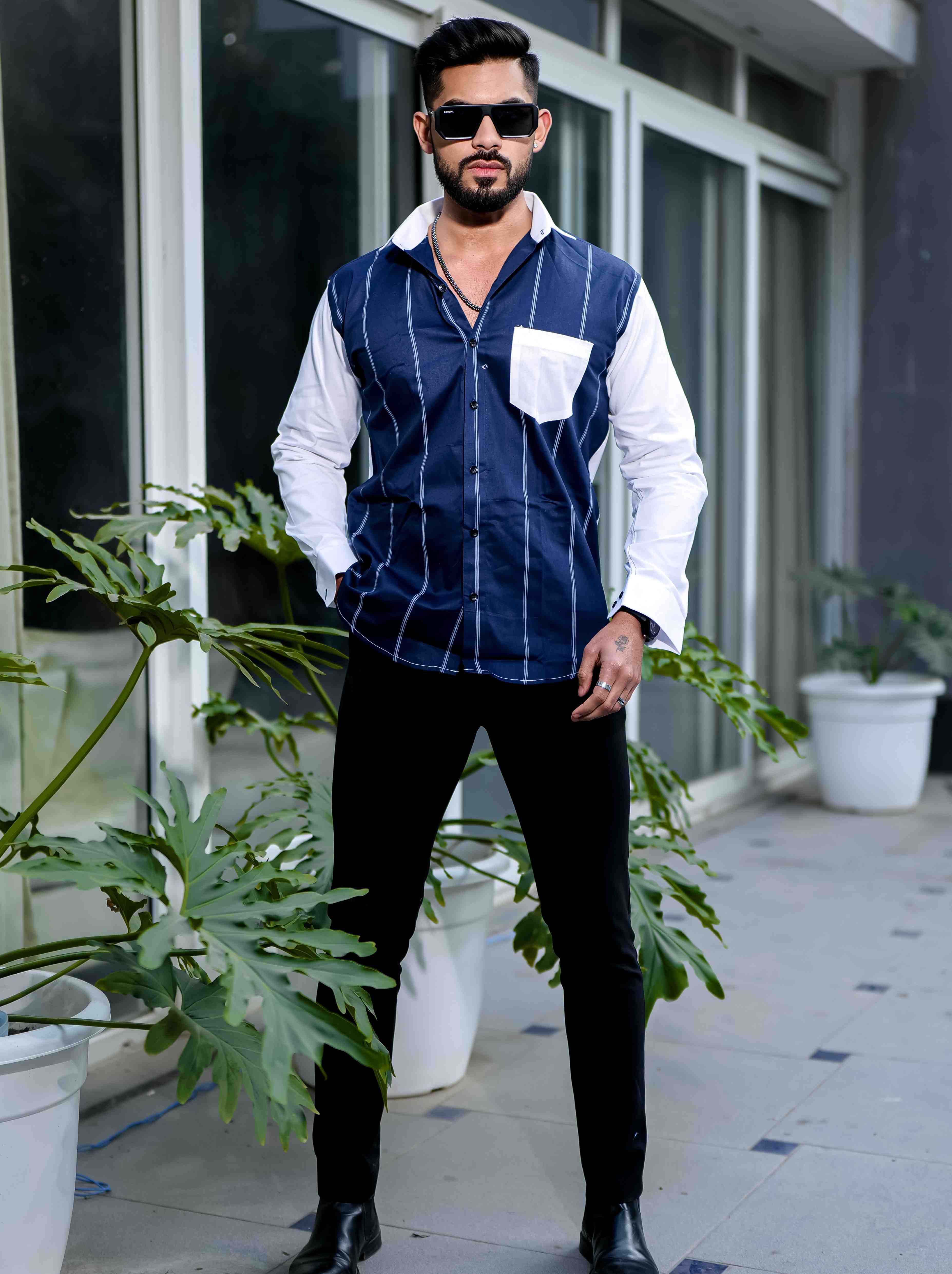 Blue Satin Cotton Cut N Sew Designer Shirt