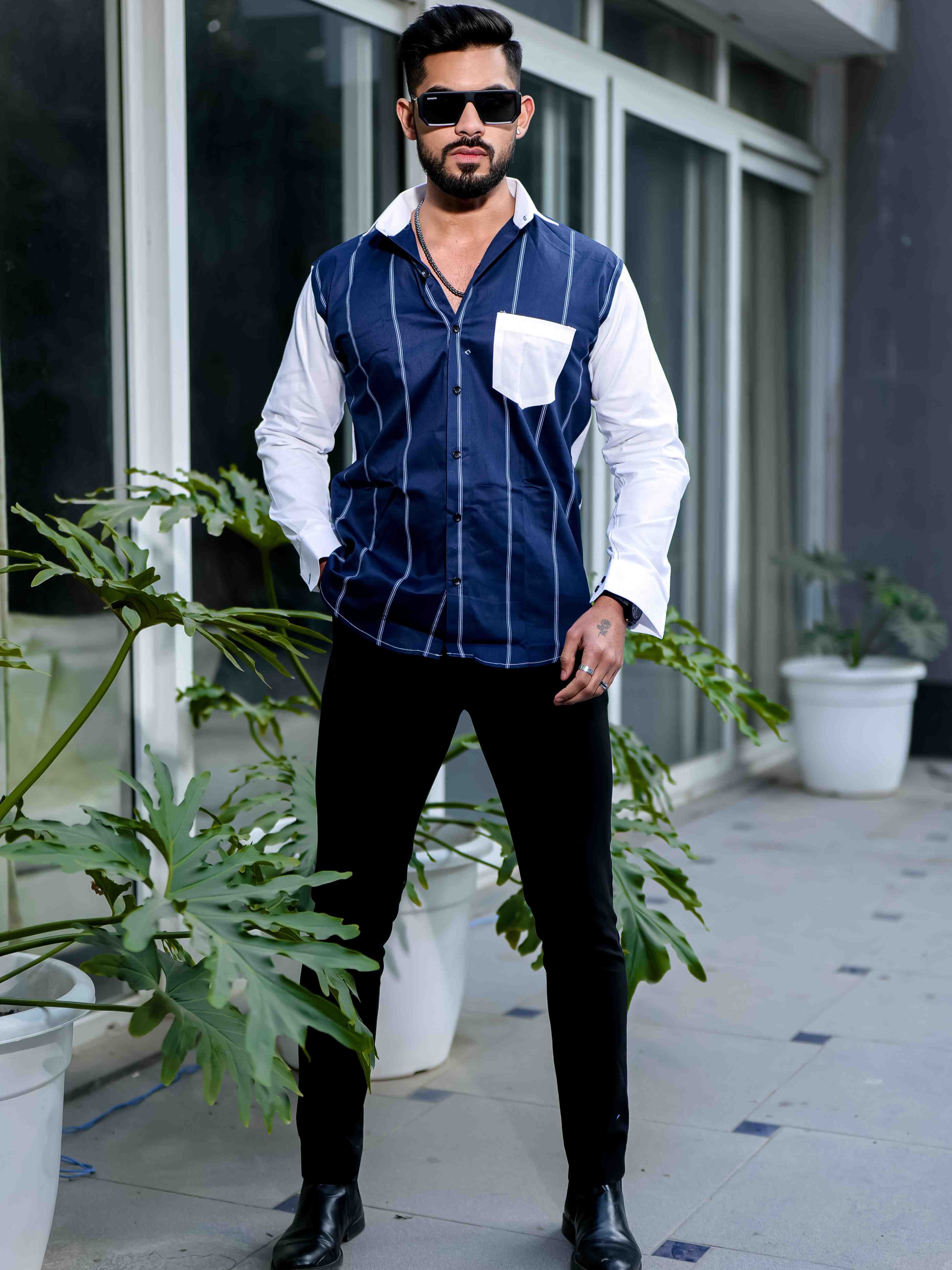 Blue Satin Cotton Cut N Sew Designer Shirt