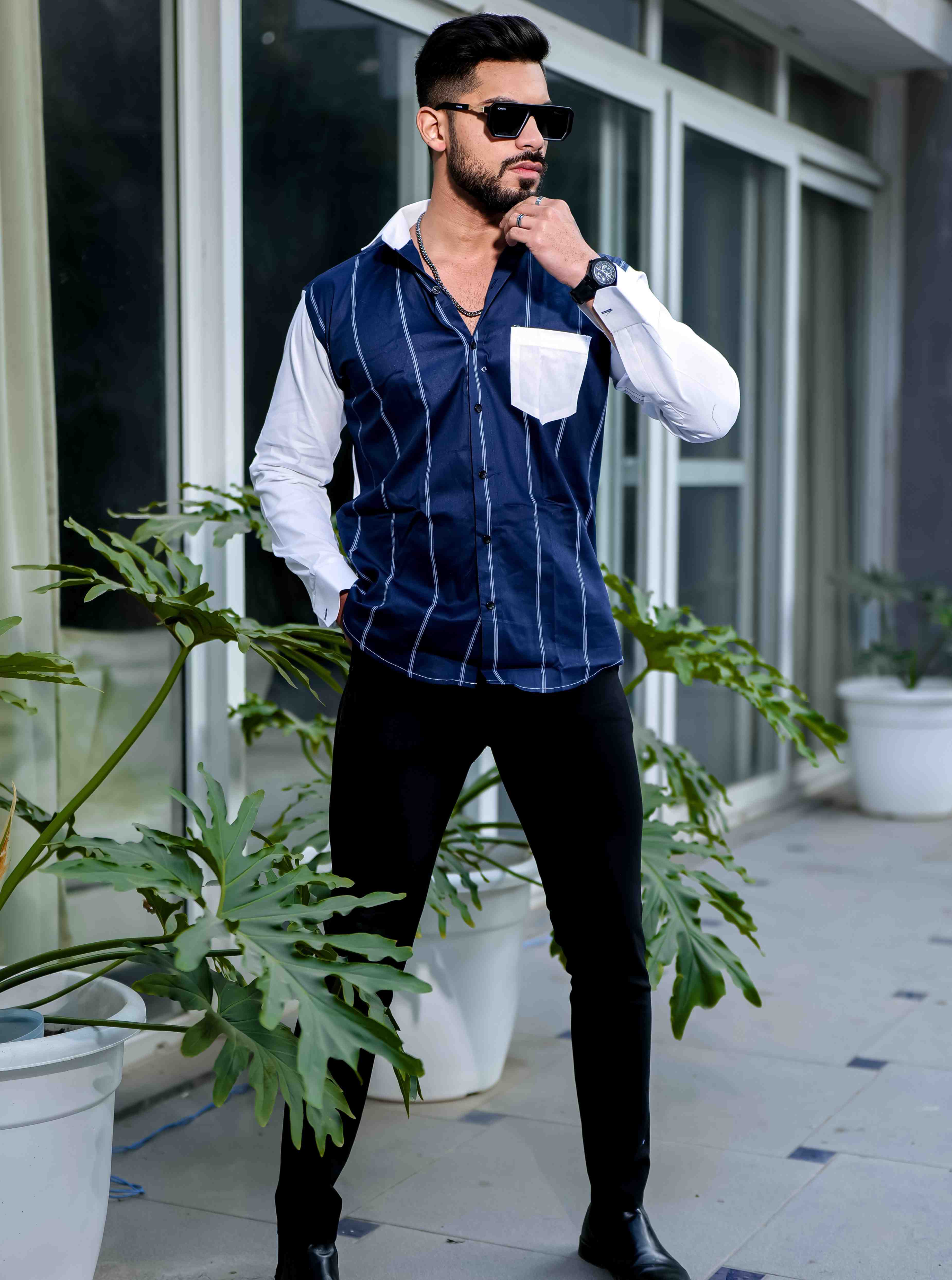 Blue Satin Cotton Cut N Sew Designer Shirt