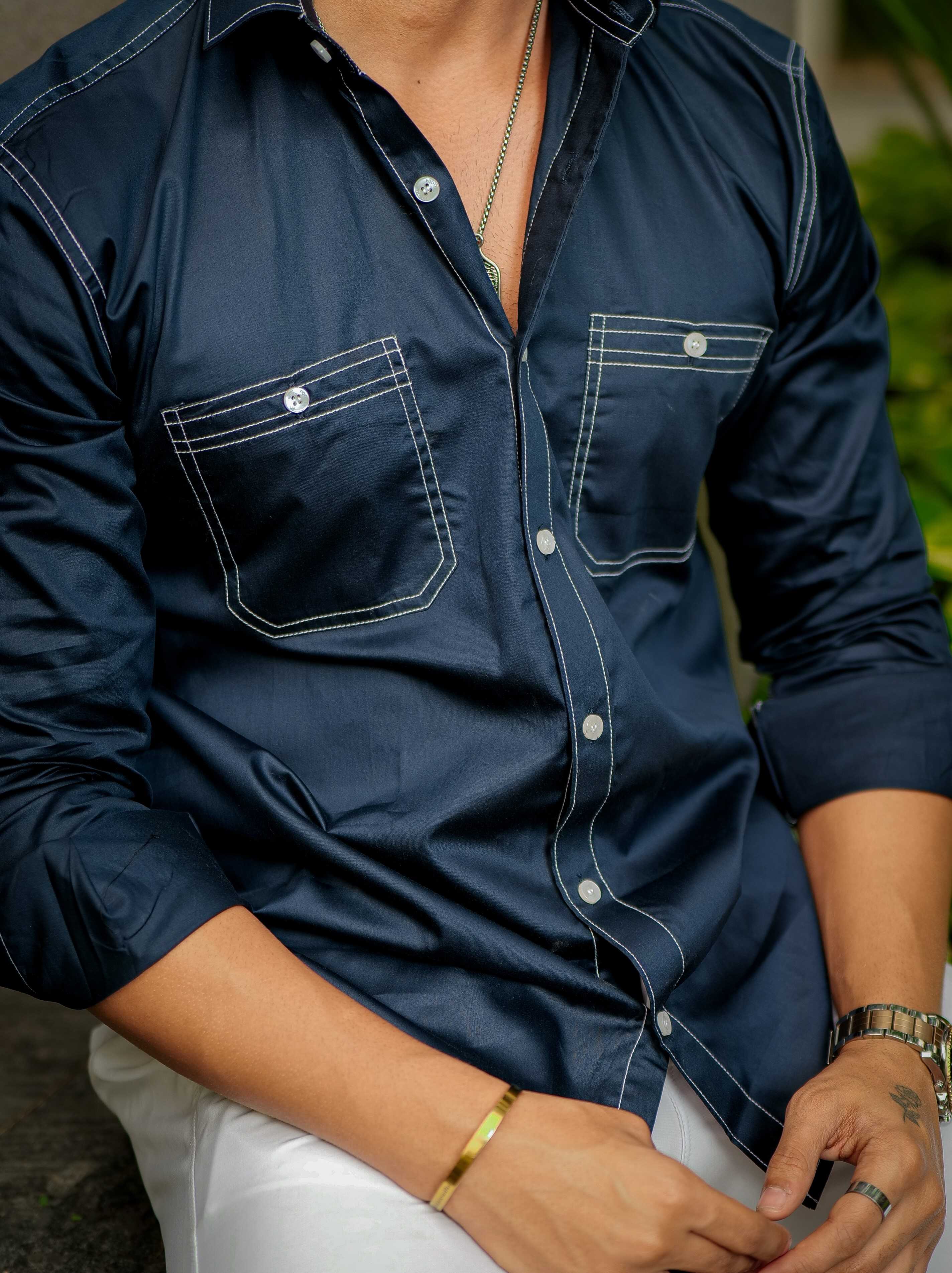 Blue Designer Giza Satin Cotton Shirt