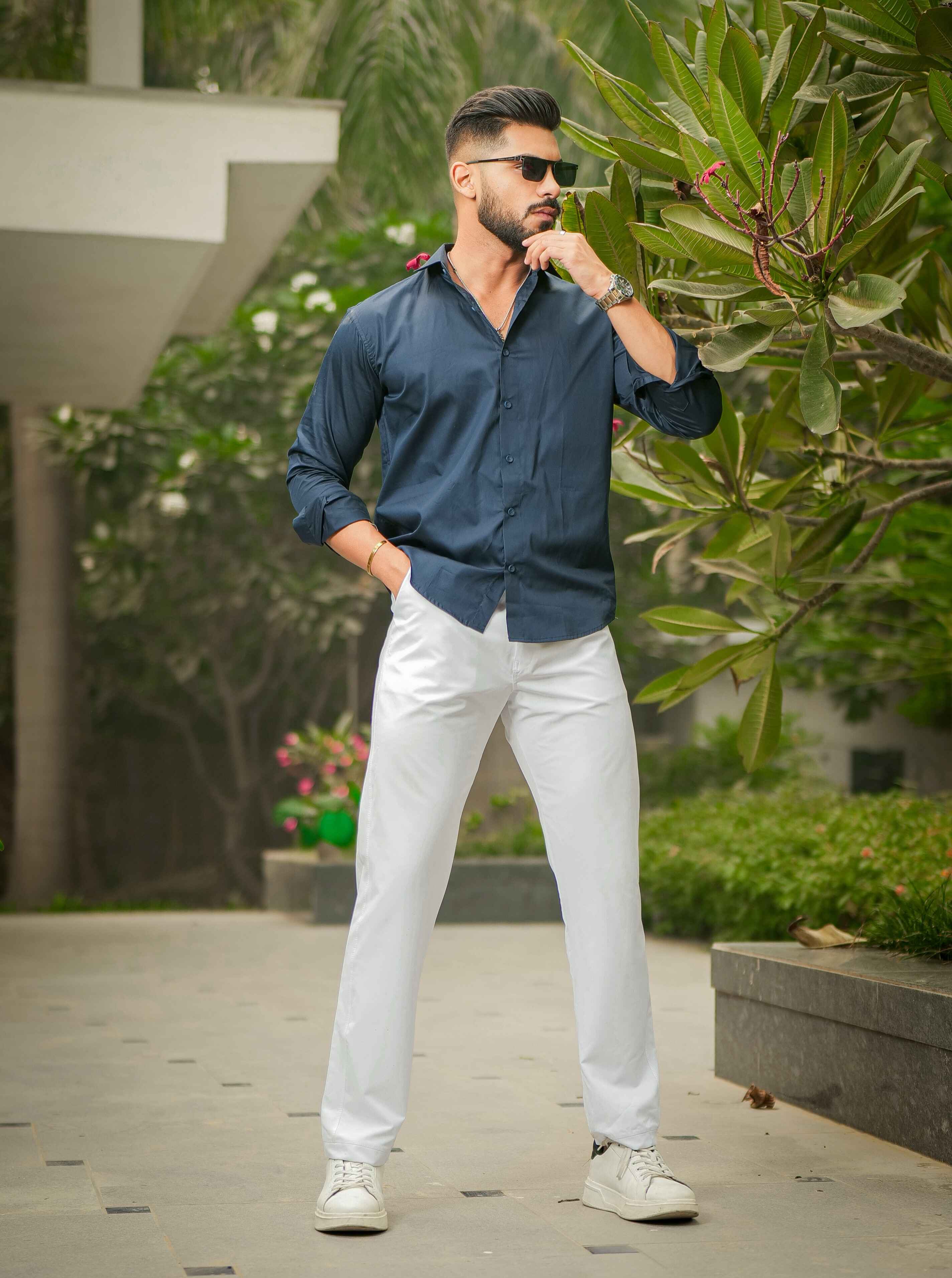 Blue Club Wear Printed Satin Cotton Shirt