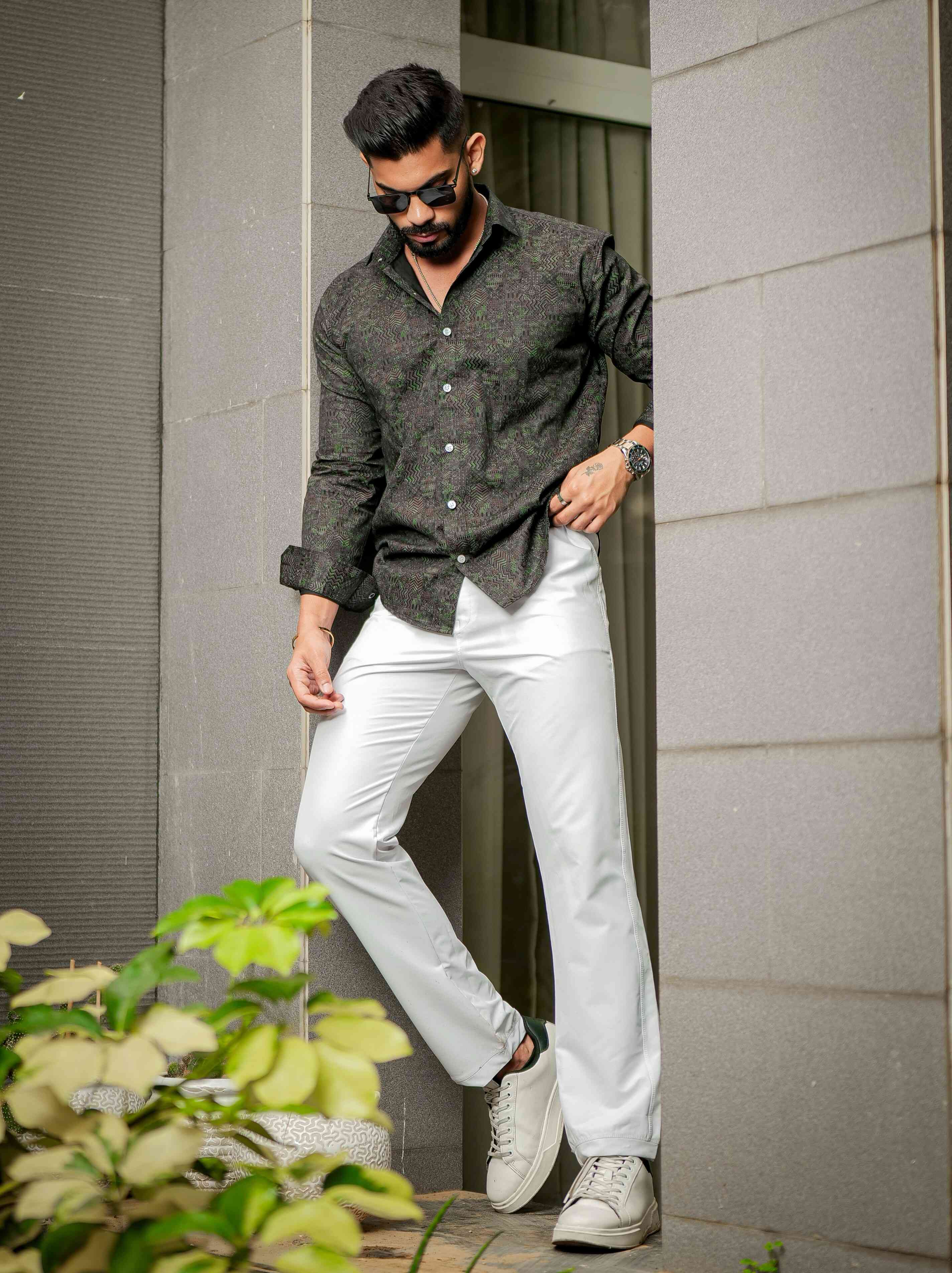 Dark Green Satin Print Premium Shirt