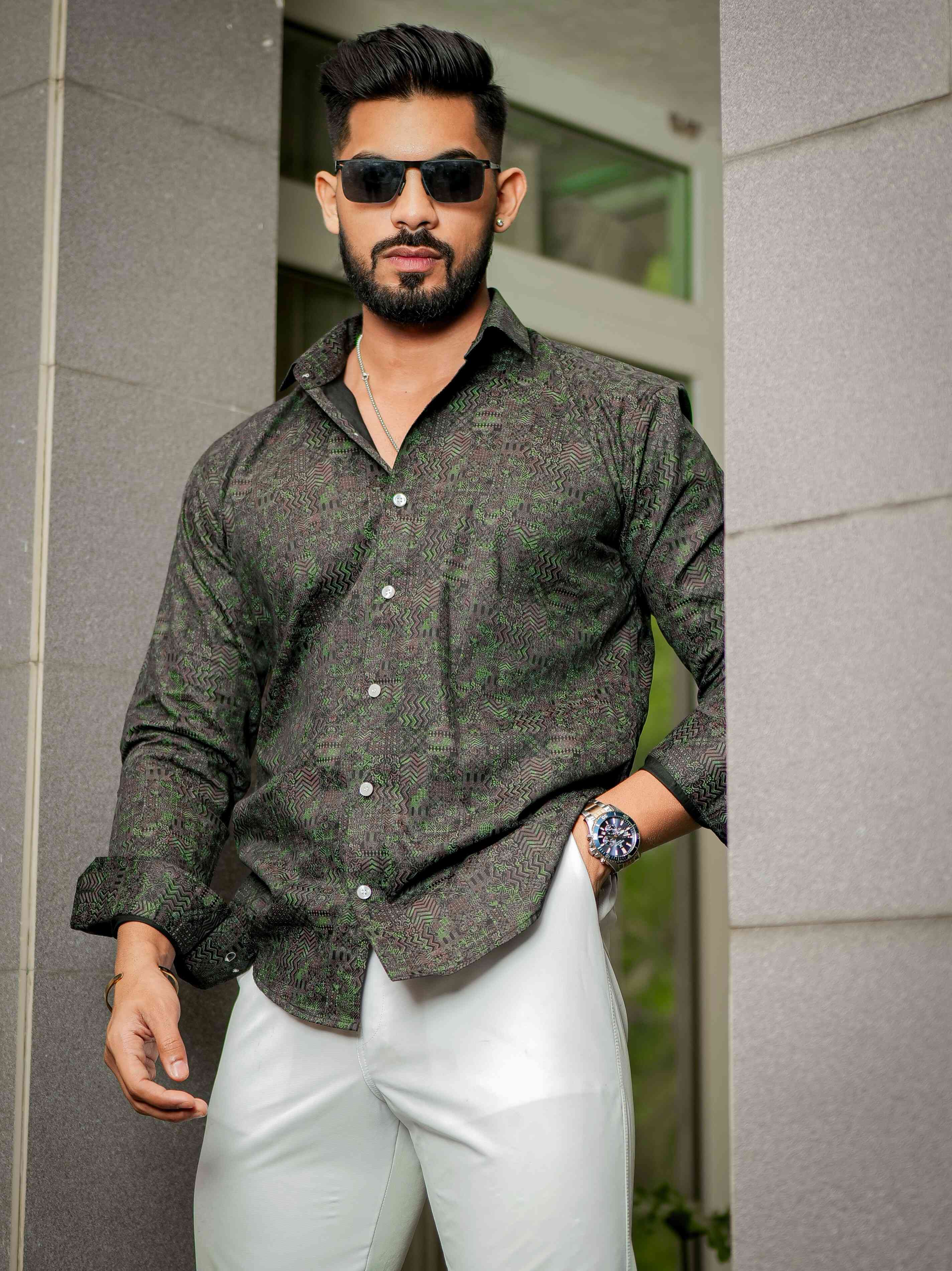 Dark Green Satin Print Premium Shirt